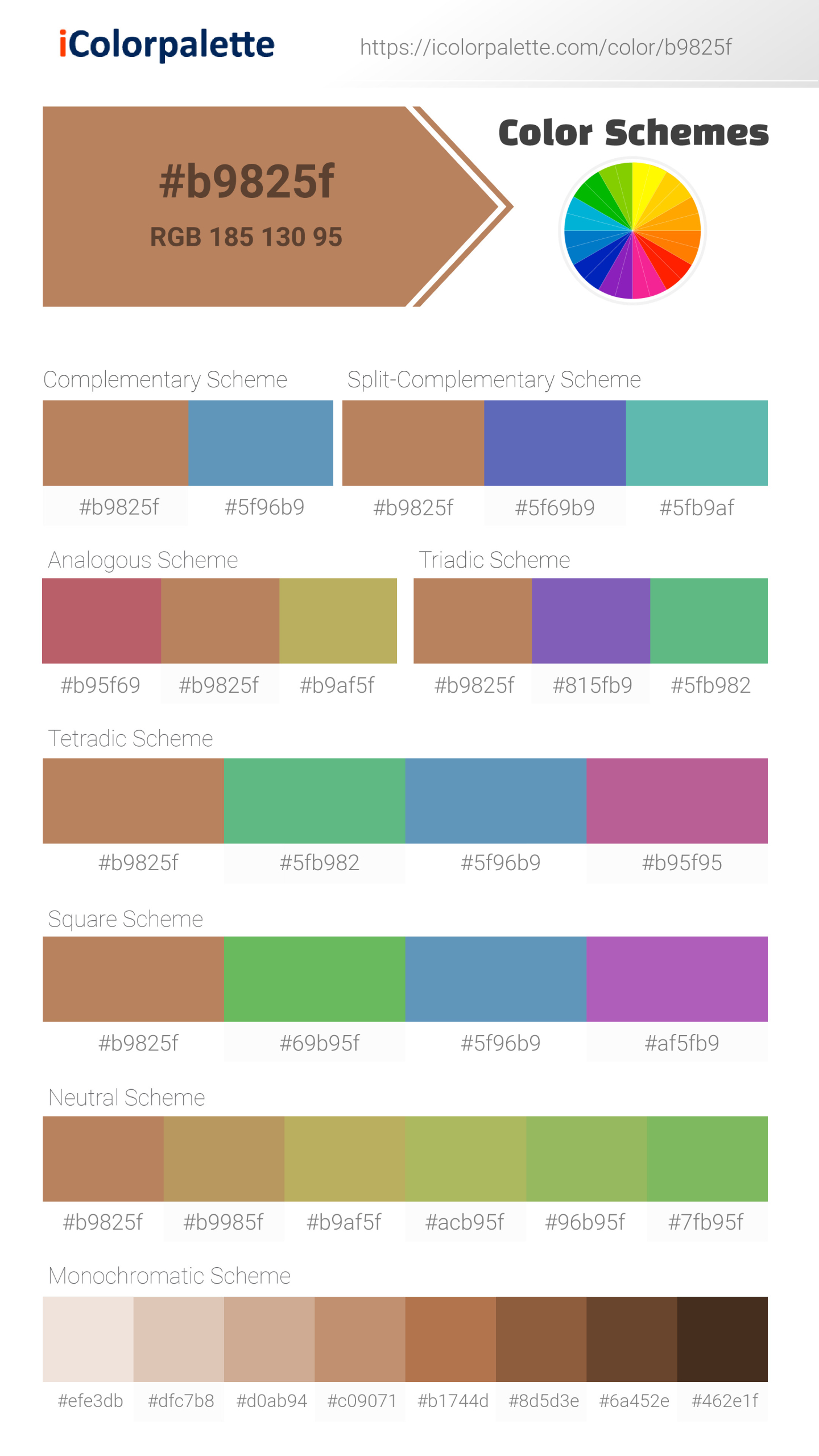 Beautiful color schemes for Pantone 723 U Color | Hex color Code #b9825f. Includes complementary, analogous, and triadic combinations ready for your design projects. #colorpalette #colorscheme #graphicdesign #b9825f