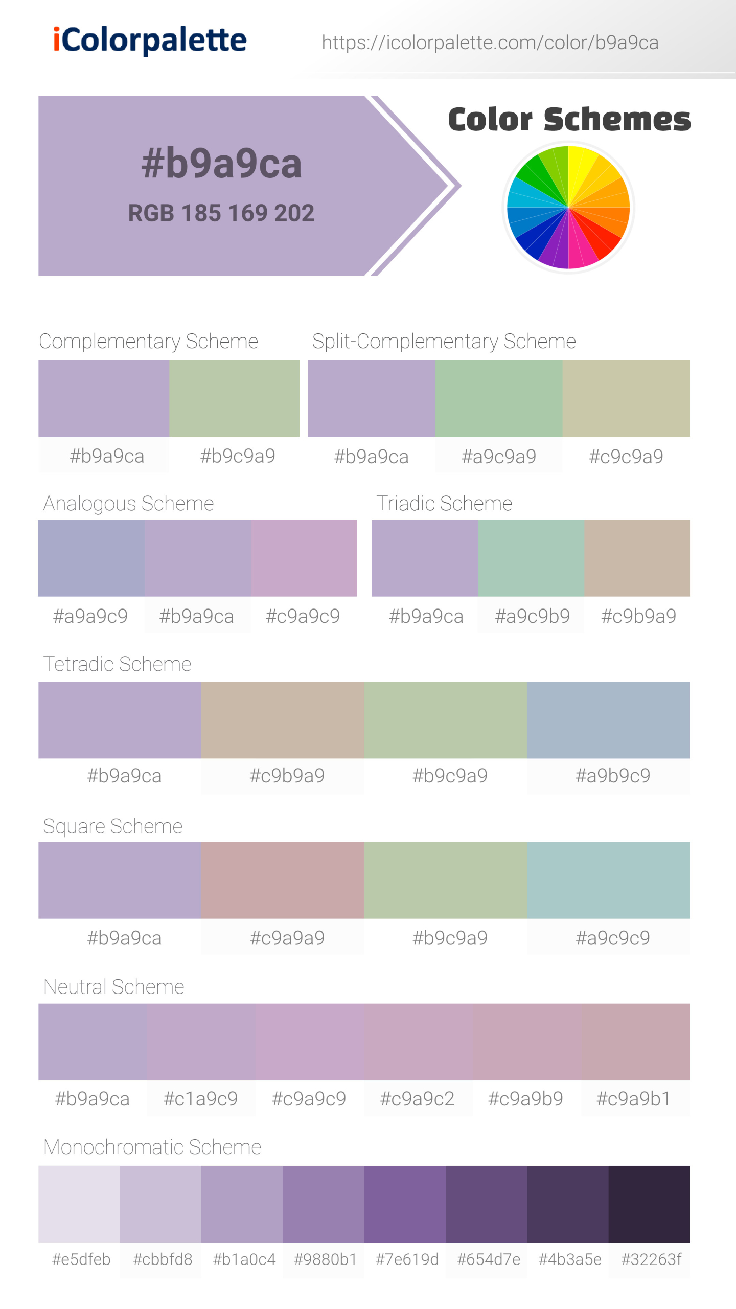 Beautiful color schemes for Pantone P 96-2 C Color | Hex color Code #b9a9ca. Includes complementary, analogous, and triadic combinations ready for your design projects. #colorpalette #colorscheme #graphicdesign #b9a9ca