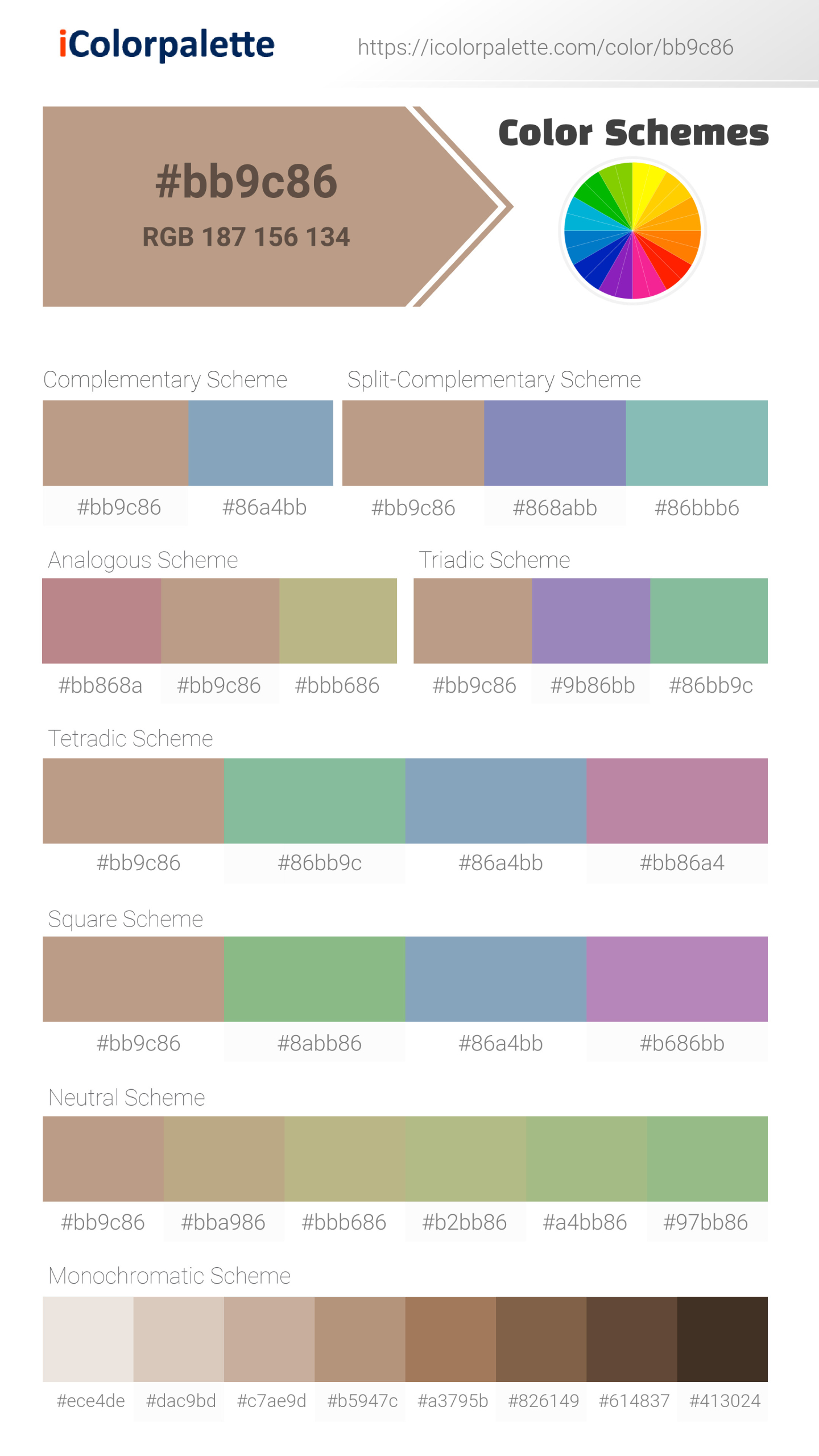 Beautiful color schemes for Pantone P 43-3 C Color | Hex color Code #bb9c86. Includes complementary, analogous, and triadic combinations ready for your design projects. #colorpalette #colorscheme #graphicdesign #bb9c86