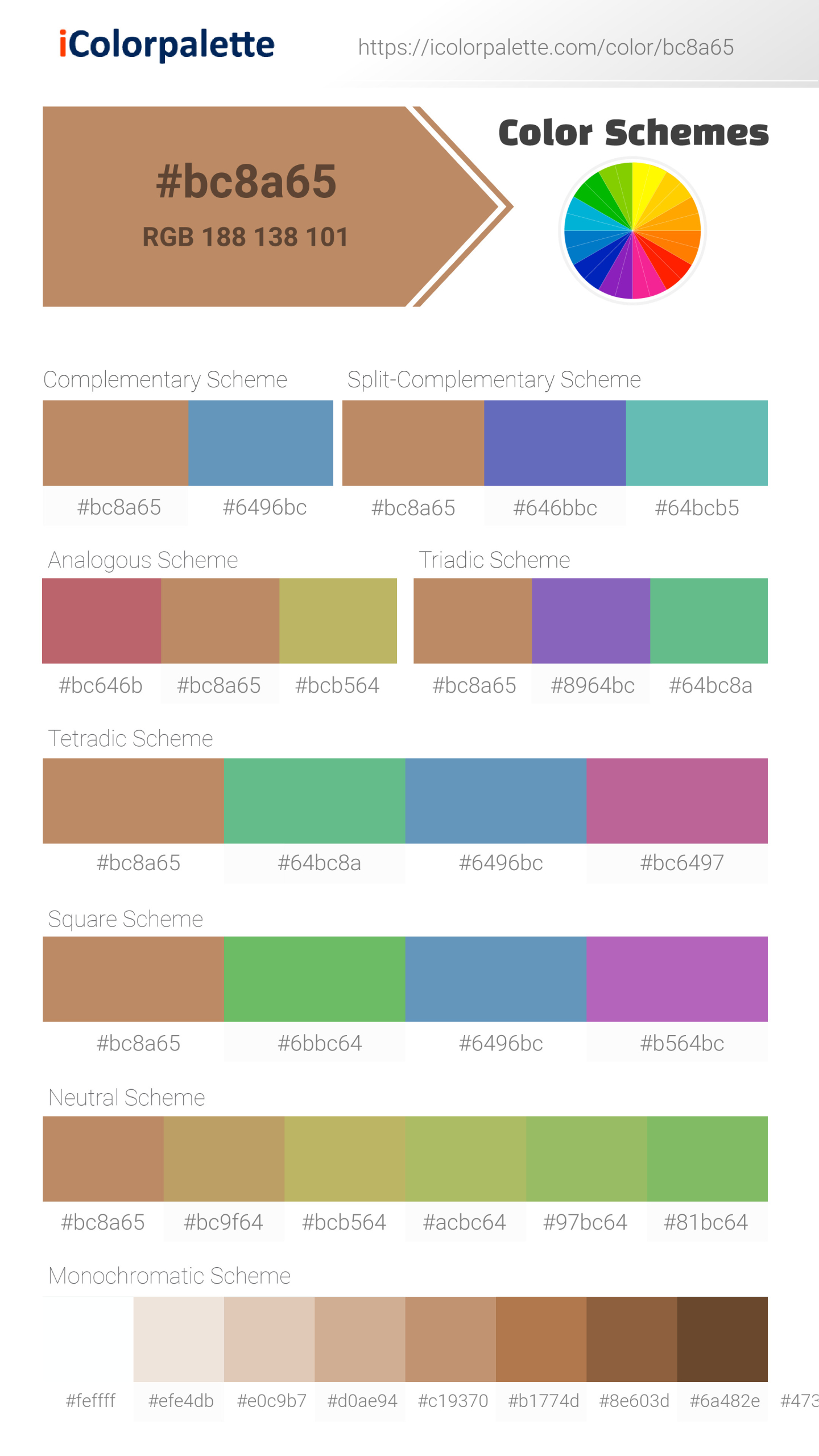 Beautiful color schemes for Pantone 16-1235 Tpx Sandstorm Color | Hex color Code #bc8a65. Includes complementary, analogous, and triadic combinations ready for your design projects. #colorpalette #colorscheme #graphicdesign #bc8a65