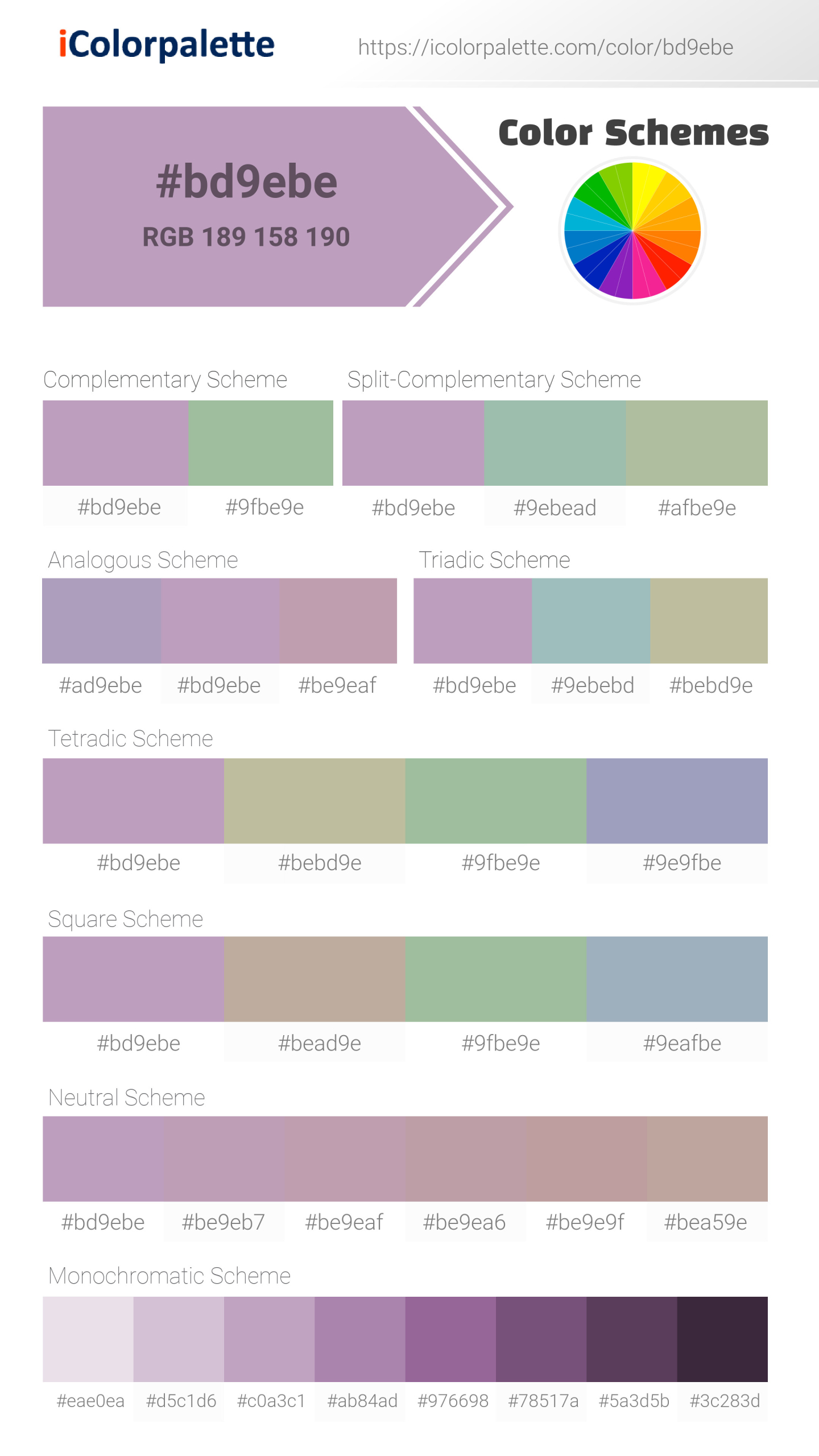 Beautiful color schemes for Pantone P 88-11 C Color | Hex color Code #bd9ebe. Includes complementary, analogous, and triadic combinations ready for your design projects. #colorpalette #colorscheme #graphicdesign #bd9ebe