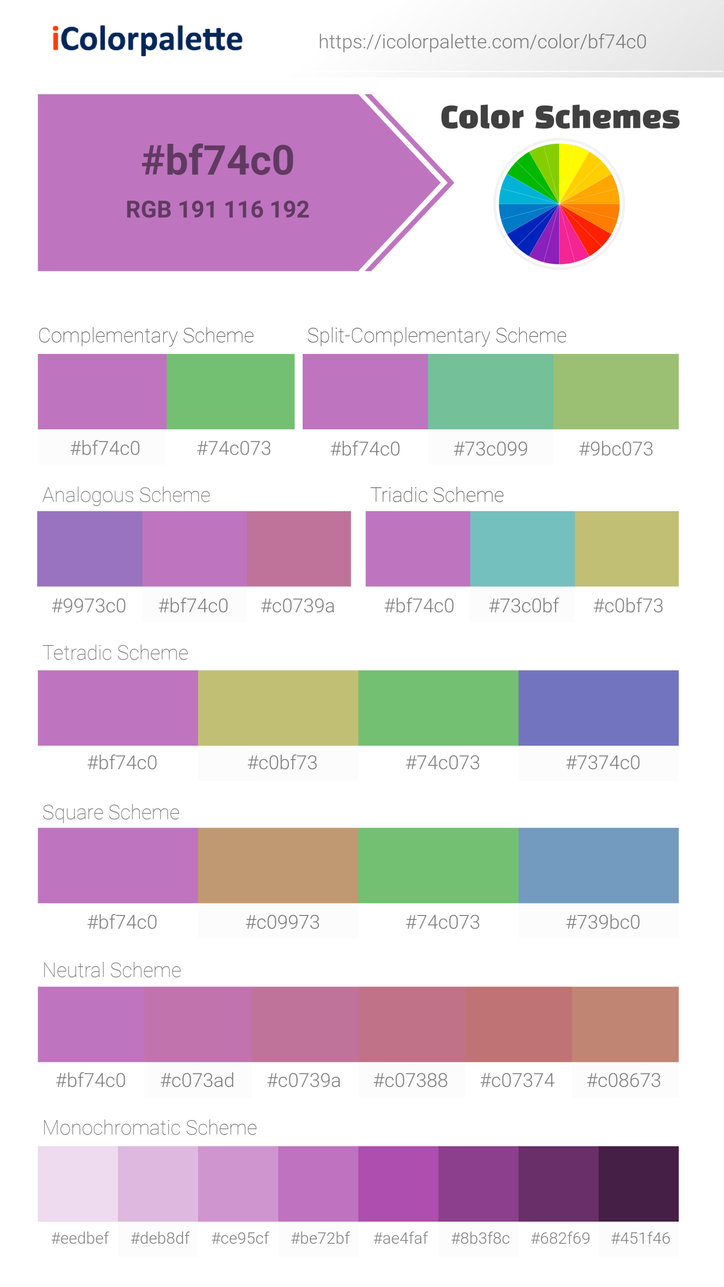 Beautiful color schemes for Pantone 2067 U Color | Hex color Code #bf74c0. Includes complementary, analogous, and triadic combinations ready for your design projects. #colorpalette #colorscheme #graphicdesign #bf74c0