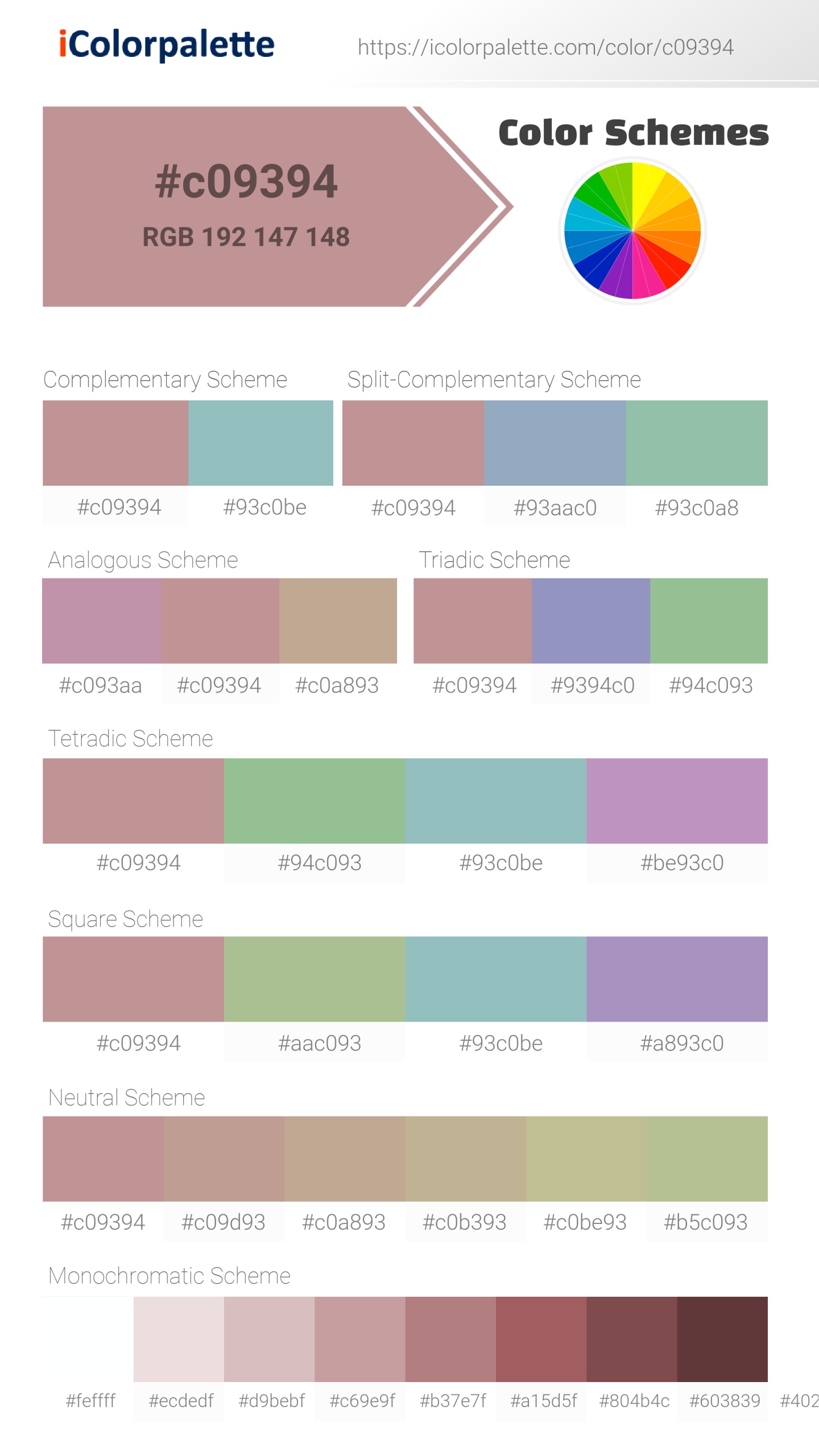 Beautiful color schemes for Pantone P 64-11 C Color | Hex color Code #c09394. Includes complementary, analogous, and triadic combinations ready for your design projects. #colorpalette #colorscheme #graphicdesign #c09394