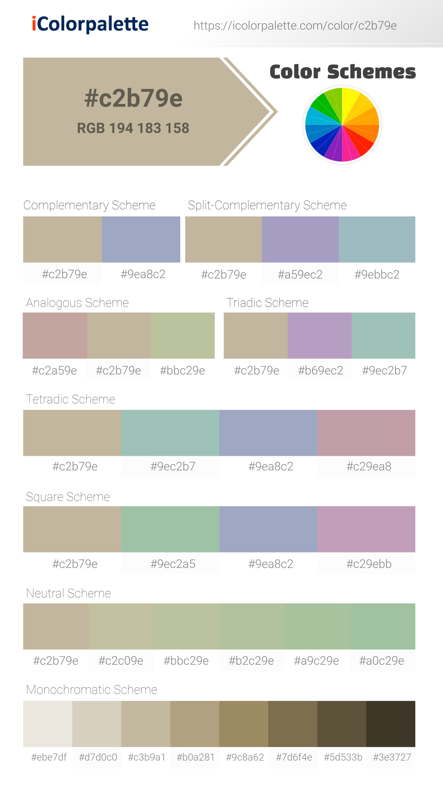 Beautiful color schemes for  Wagon Wheel Color | Hex c2b79e. Includes complementary, analogous, and triadic combinations ready for your design projects. #colorpalette #colorscheme #graphicdesign #c2b79e