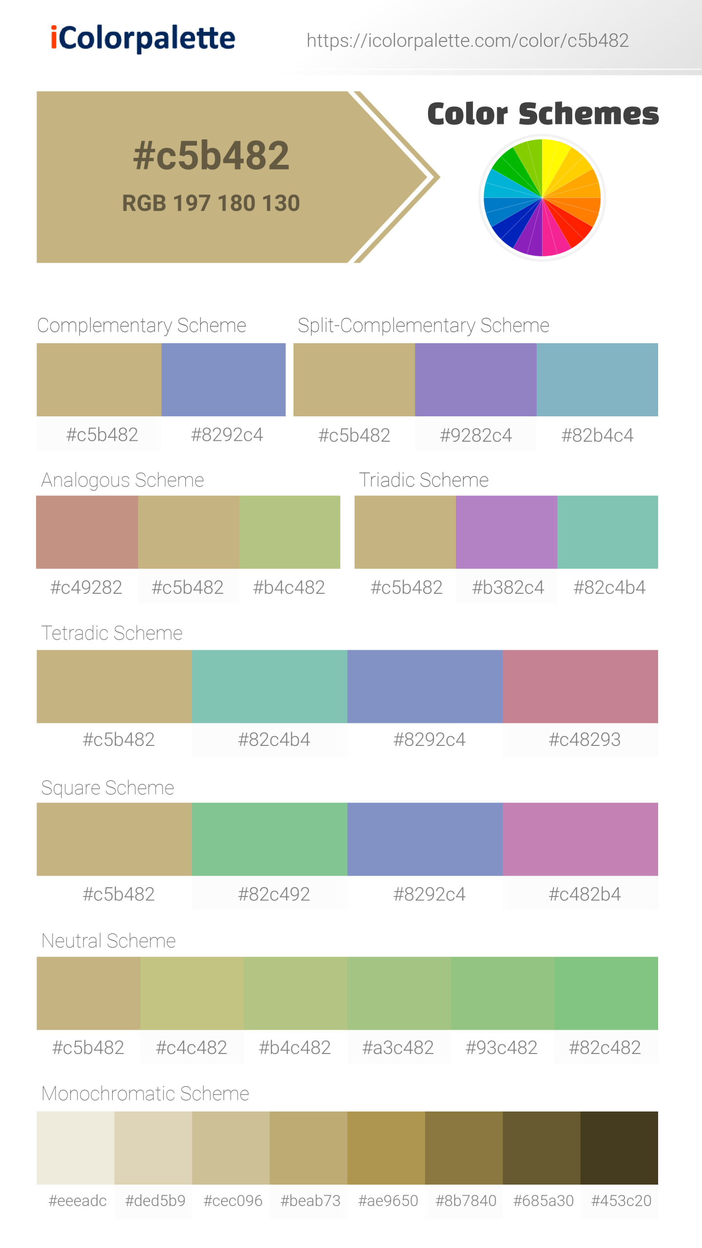 Beautiful color schemes for Pantone 14-0721 Tpg Hemp Color | Hex color Code #c5b482. Includes complementary, analogous, and triadic combinations ready for your design projects. #colorpalette #colorscheme #graphicdesign #c5b482