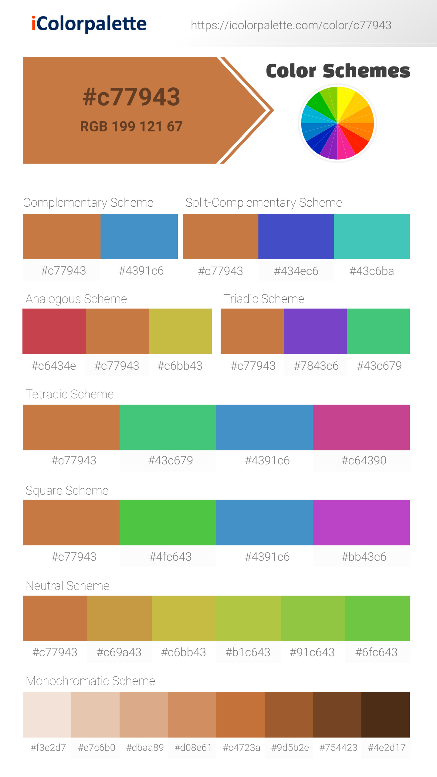 Beautiful color schemes for Pantone 16-1346 Tcx Golden Ochre Color | Hex color Code #c77943. Includes complementary, analogous, and triadic combinations ready for your design projects. #colorpalette #colorscheme #graphicdesign #c77943