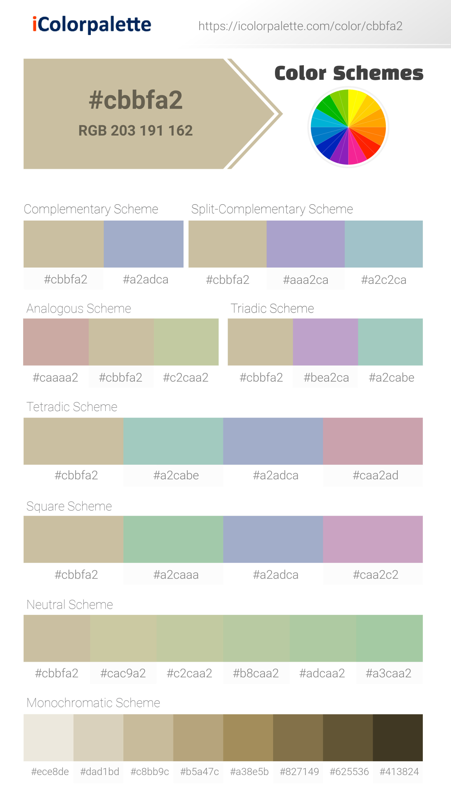 Beautiful color schemes for Pantone 14-1014 Tcx Gravel Color | Hex color Code #cbbfa2. Includes complementary, analogous, and triadic combinations ready for your design projects. #colorpalette #colorscheme #graphicdesign #cbbfa2
