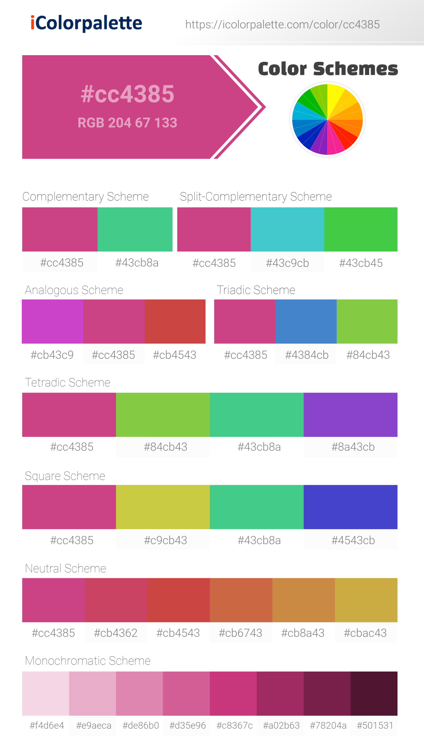 Beautiful color schemes for Pantone 18-2333 Tcx Raspberry Rose Color | Hex color Code #cc4385. Includes complementary, analogous, and triadic combinations ready for your design projects. #colorpalette #colorscheme #graphicdesign #cc4385