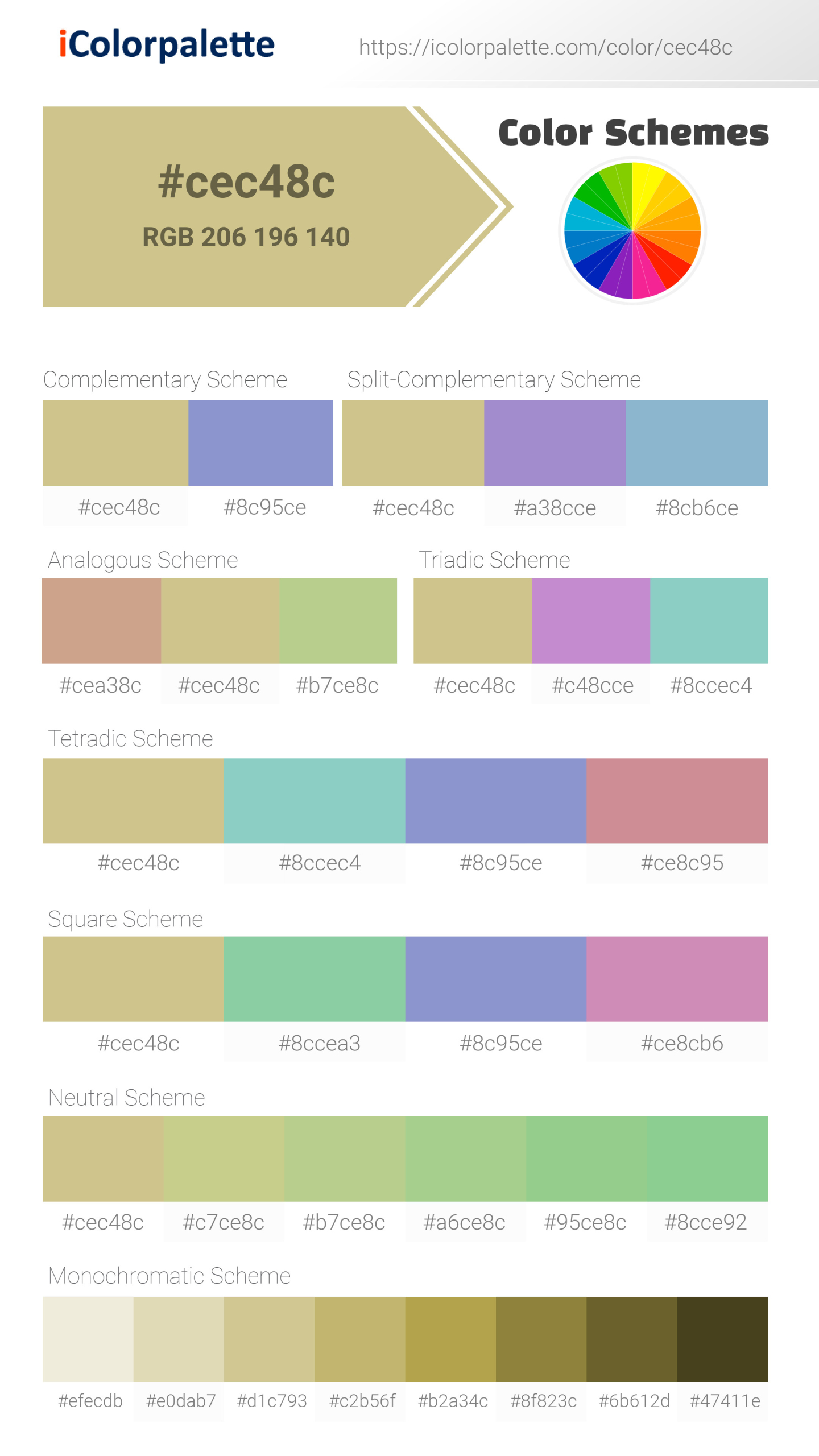 Beautiful color schemes for Pantone P 3-3 U Color | Hex color Code #cec48c. Includes complementary, analogous, and triadic combinations ready for your design projects. #colorpalette #colorscheme #graphicdesign #cec48c