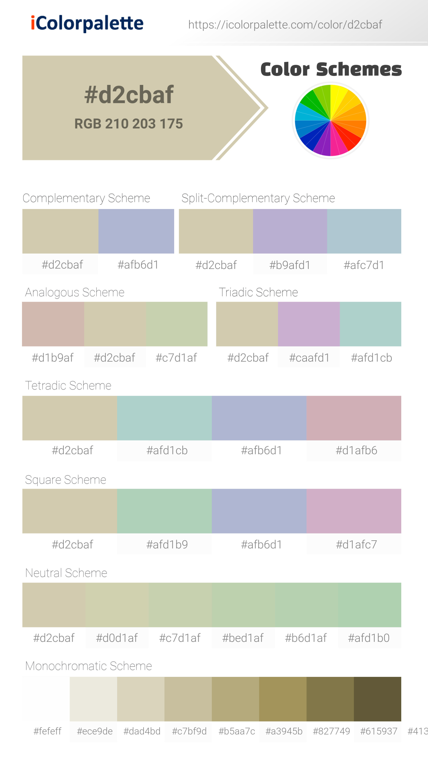 Beautiful color schemes for Pantone 13-0611 Tcx Moth Color | Hex color Code #d2cbaf. Includes complementary, analogous, and triadic combinations ready for your design projects. #colorpalette #colorscheme #graphicdesign #d2cbaf