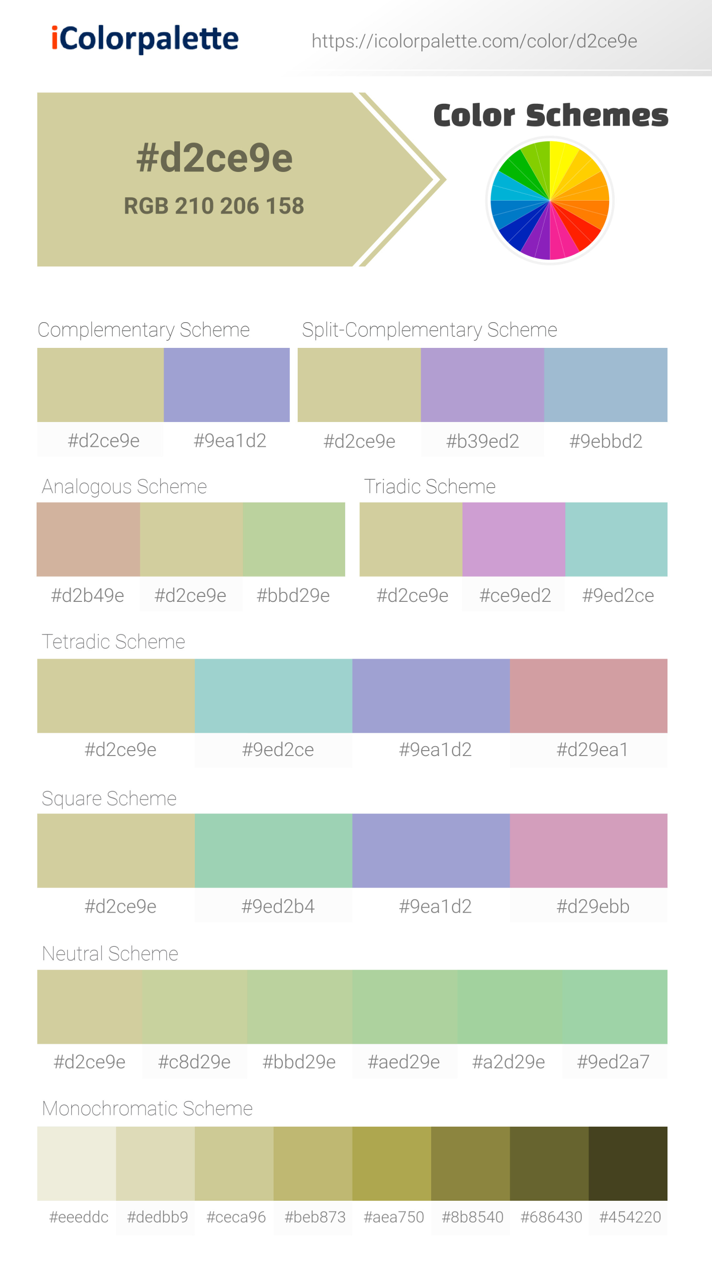 Beautiful color schemes for Pantone 5875 C Color | Hex color Code #d2ce9e. Includes complementary, analogous, and triadic combinations ready for your design projects. #colorpalette #colorscheme #graphicdesign #d2ce9e