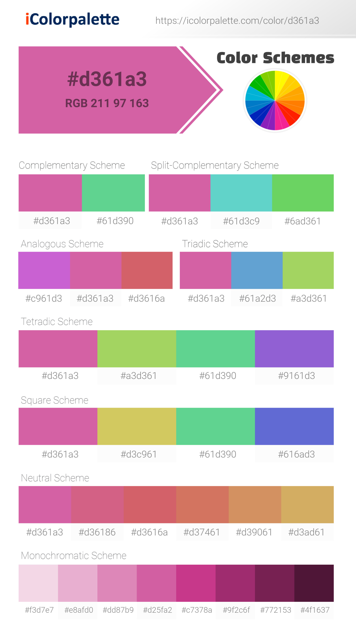 Beautiful color schemes for Pantone 17-2627 Tpx Phlox Pink Color | Hex color Code #d361a3. Includes complementary, analogous, and triadic combinations ready for your design projects. #colorpalette #colorscheme #graphicdesign #d361a3
