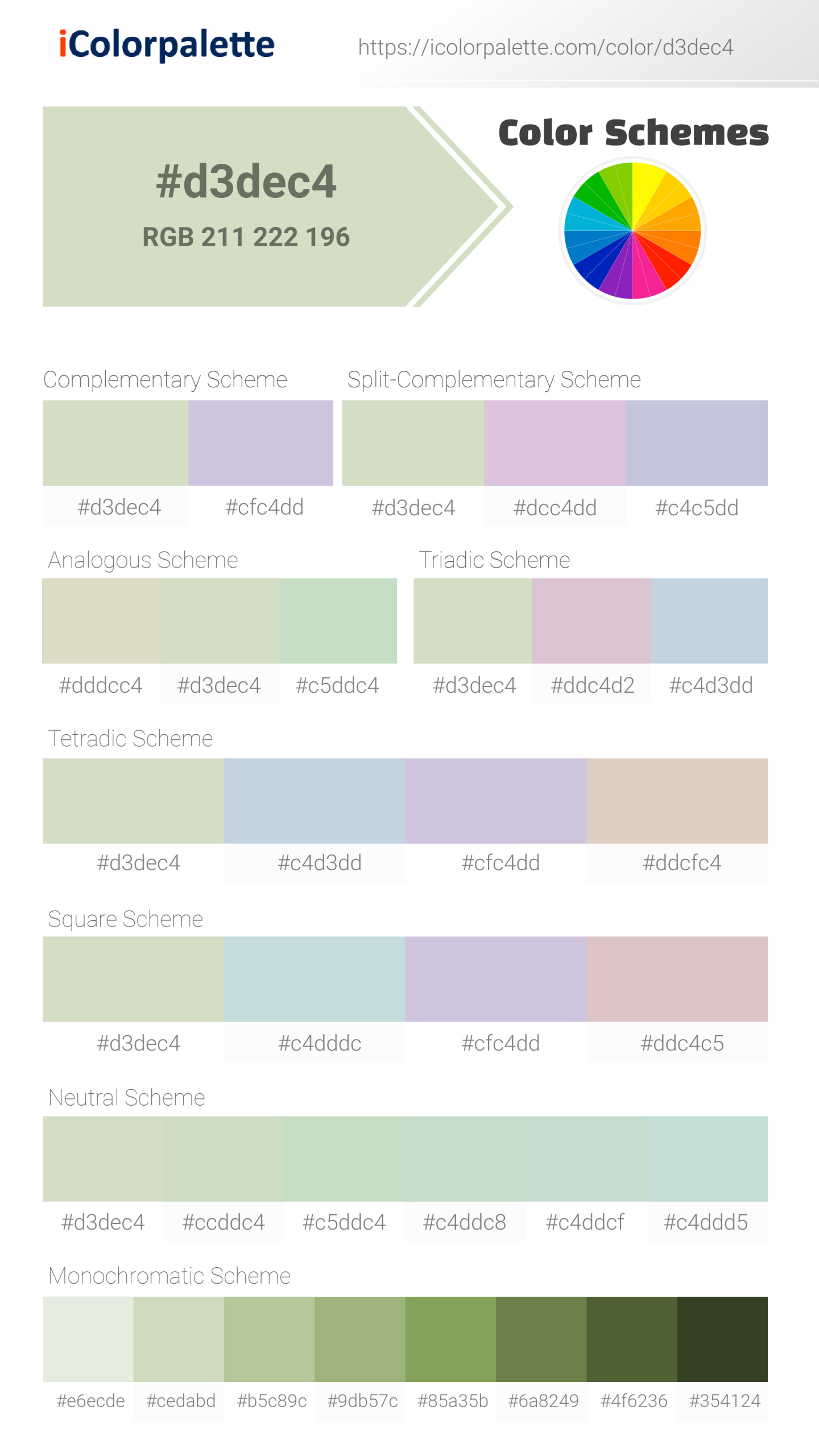 Beautiful color schemes for Pantone 12-0106 Tcx Meadow Mist Color | Hex color Code #d3dec4. Includes complementary, analogous, and triadic combinations ready for your design projects. #colorpalette #colorscheme #graphicdesign #d3dec4