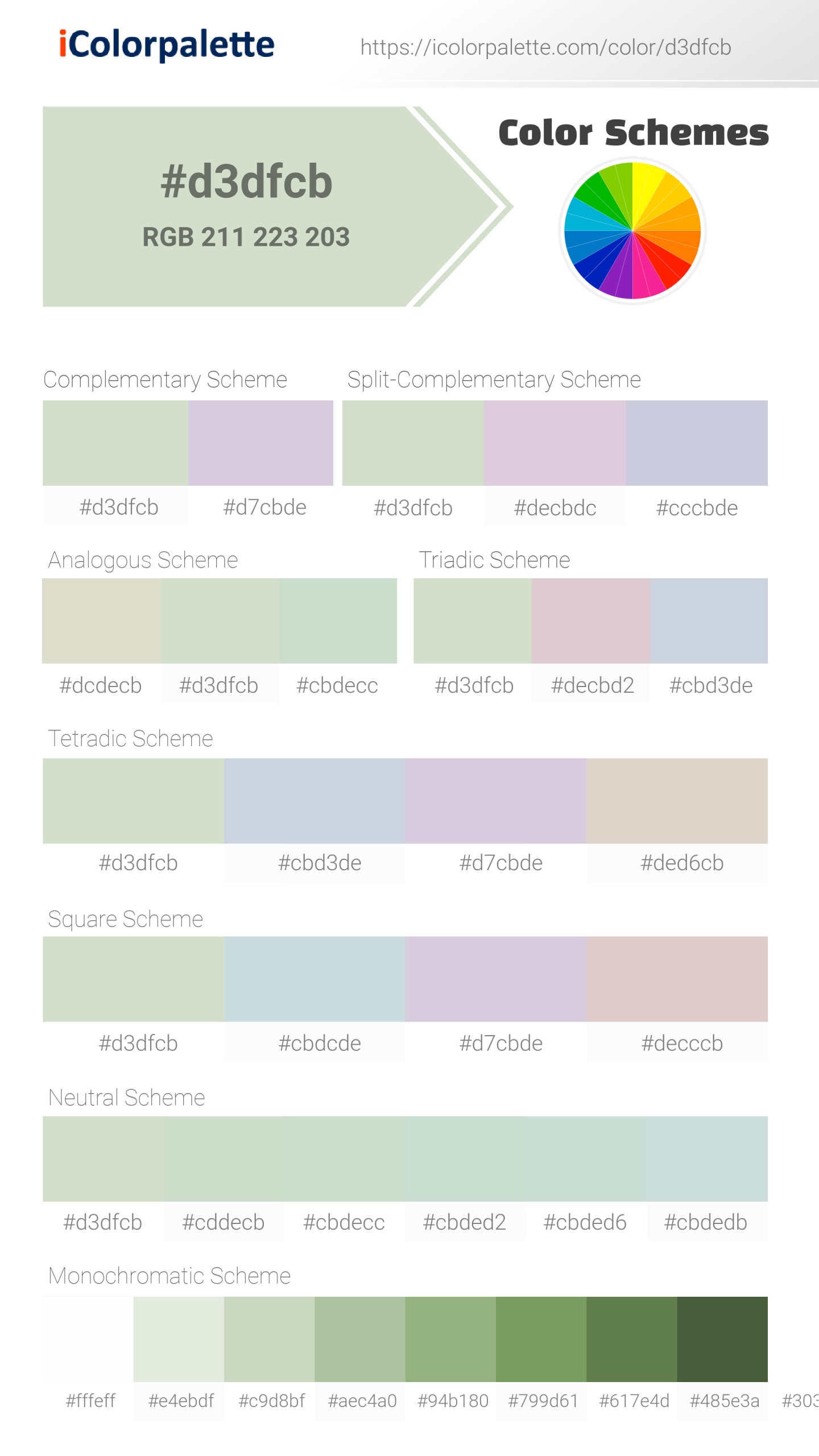 Beautiful color schemes for Pantone P 152-2 C Color | Hex color Code #d3dfcb. Includes complementary, analogous, and triadic combinations ready for your design projects. #colorpalette #colorscheme #graphicdesign #d3dfcb