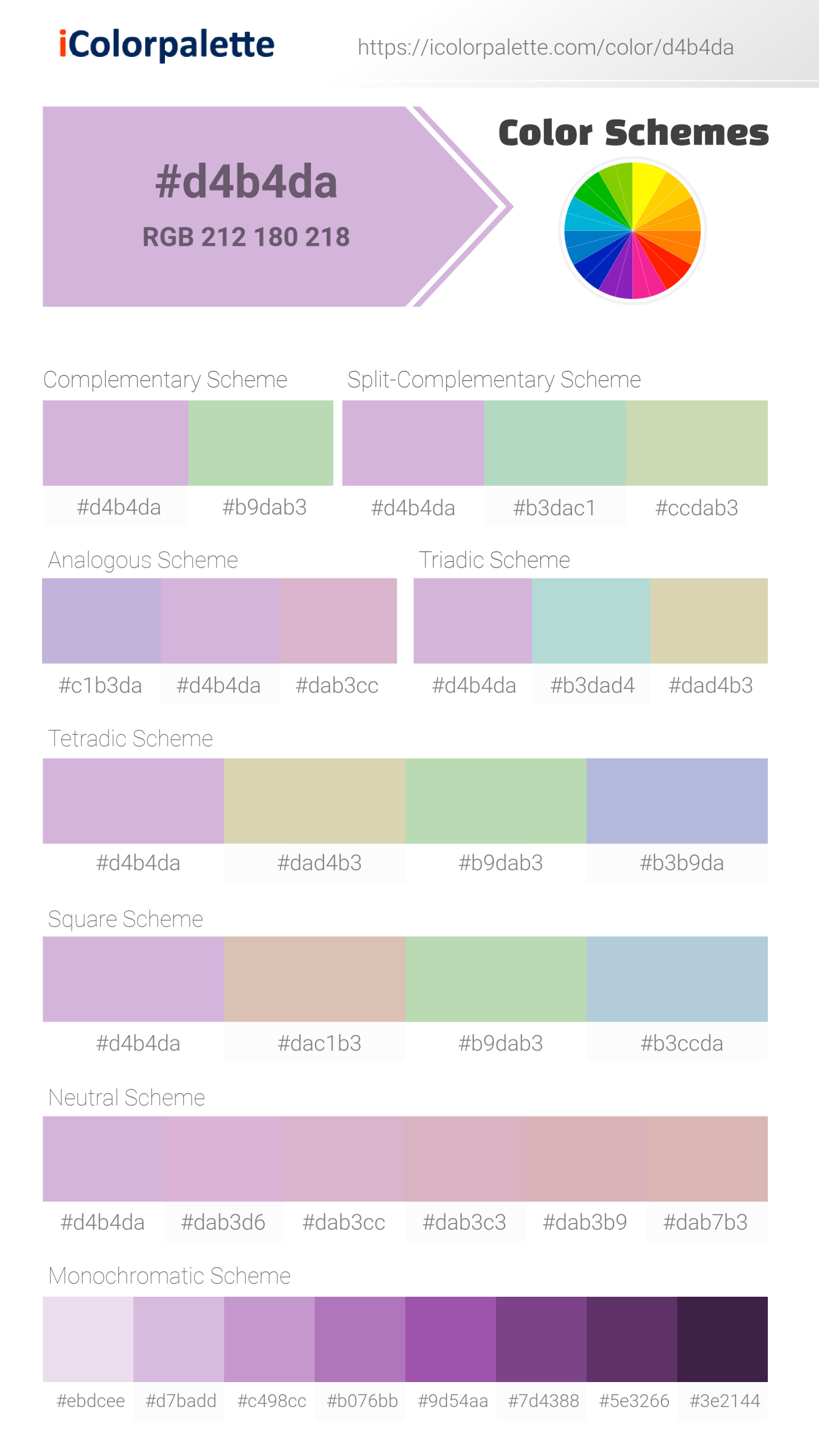 Beautiful color schemes for Pantone 256 U Color | Hex color Code #d4b4da. Includes complementary, analogous, and triadic combinations ready for your design projects. #colorpalette #colorscheme #graphicdesign #d4b4da