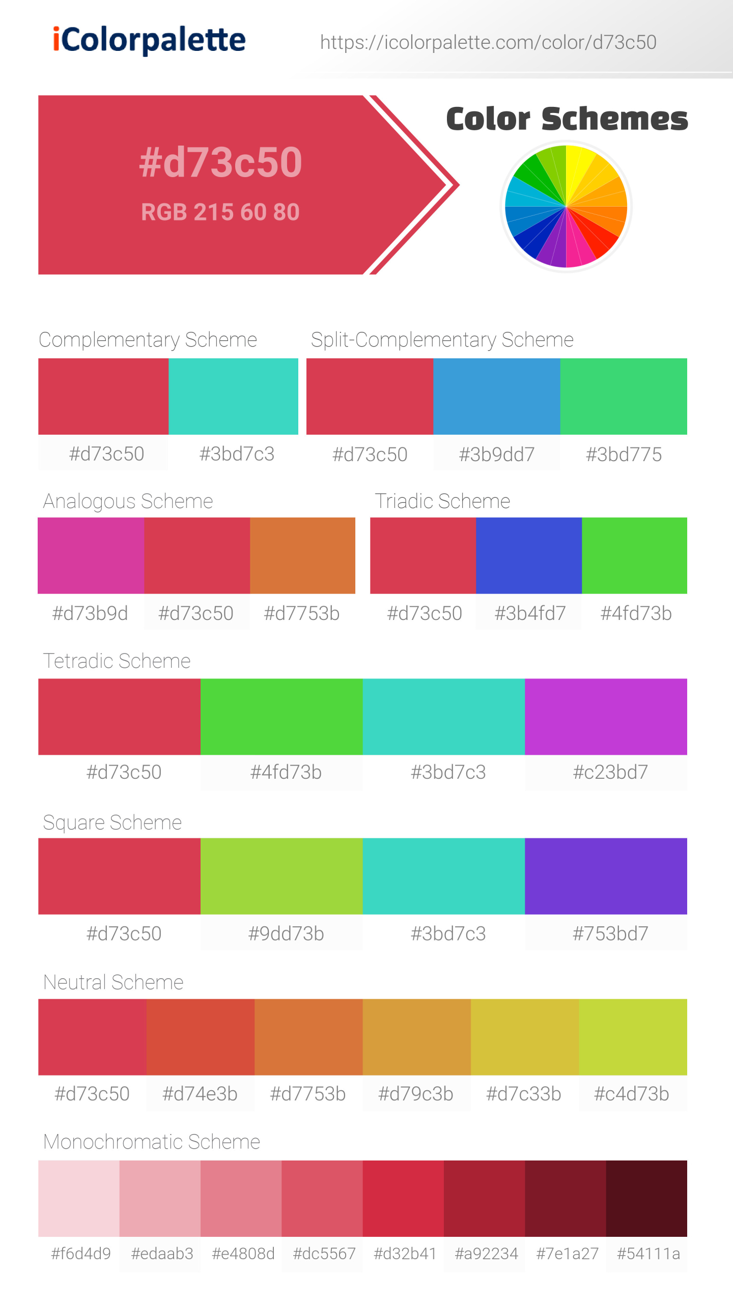Beautiful color schemes for Pantone P 55-7 C Color | Hex color Code #d73c50. Includes complementary, analogous, and triadic combinations ready for your design projects. #colorpalette #colorscheme #graphicdesign #d73c50