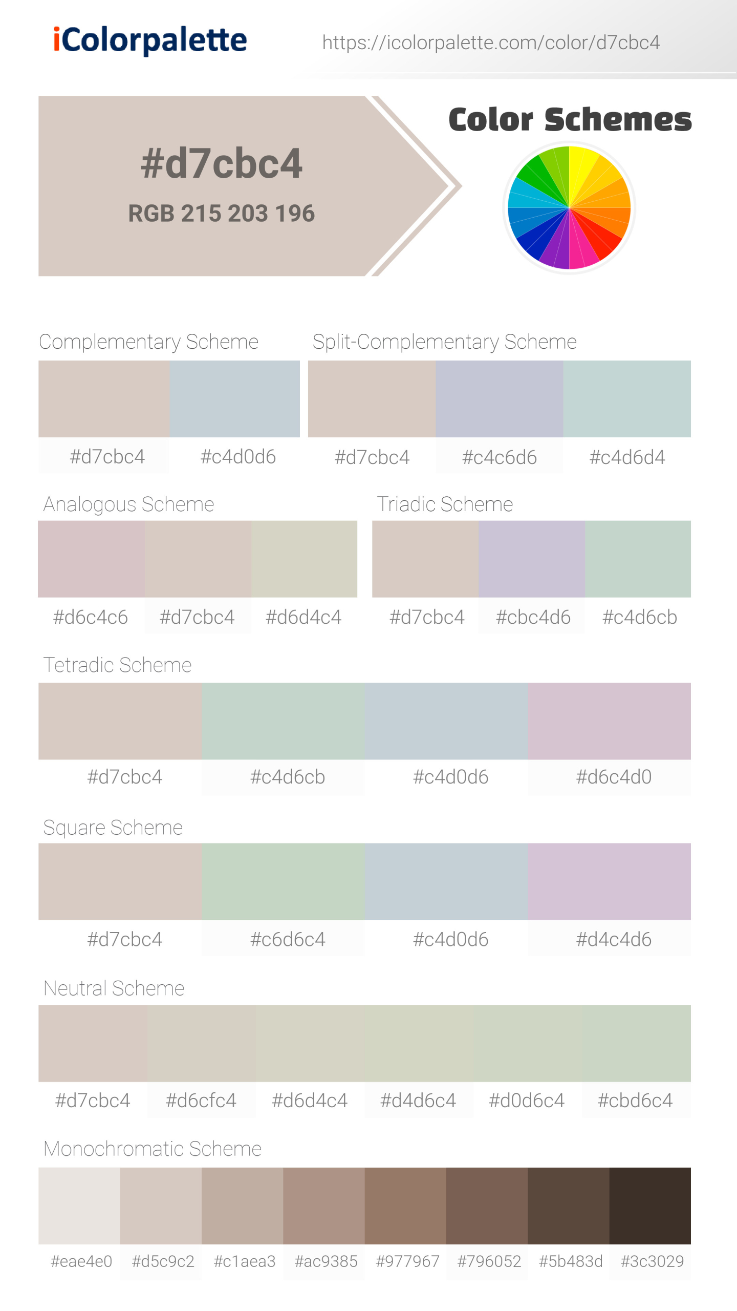 Beautiful color schemes for Pantone 13-3801 Tcx Crystal Gray Color | Hex color Code #d7cbc4. Includes complementary, analogous, and triadic combinations ready for your design projects. #colorpalette #colorscheme #graphicdesign #d7cbc4