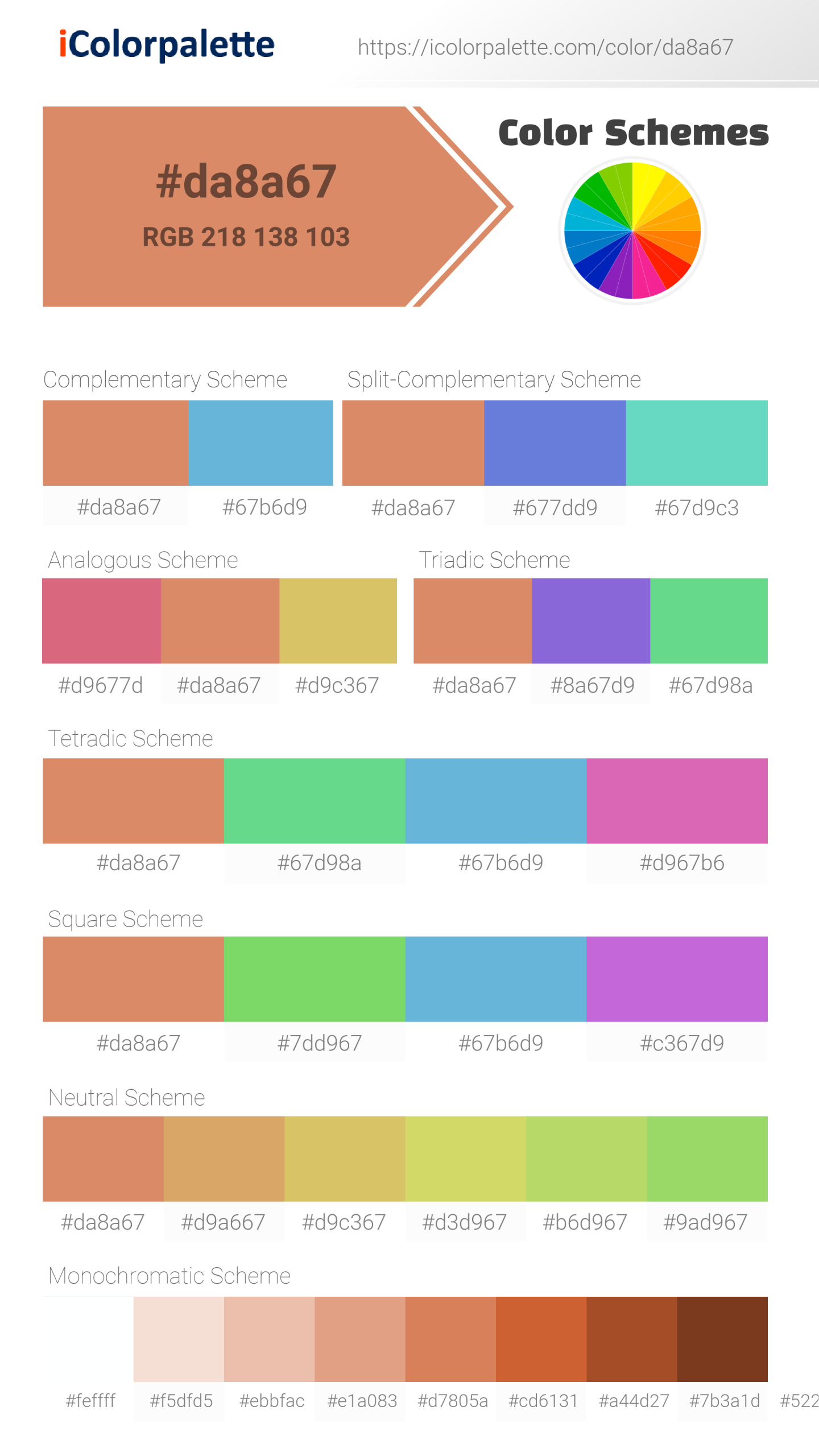 Beautiful color schemes for  Copper Coin Color | Hex da8a67. Includes complementary, analogous, and triadic combinations ready for your design projects. #colorpalette #colorscheme #graphicdesign #da8a67