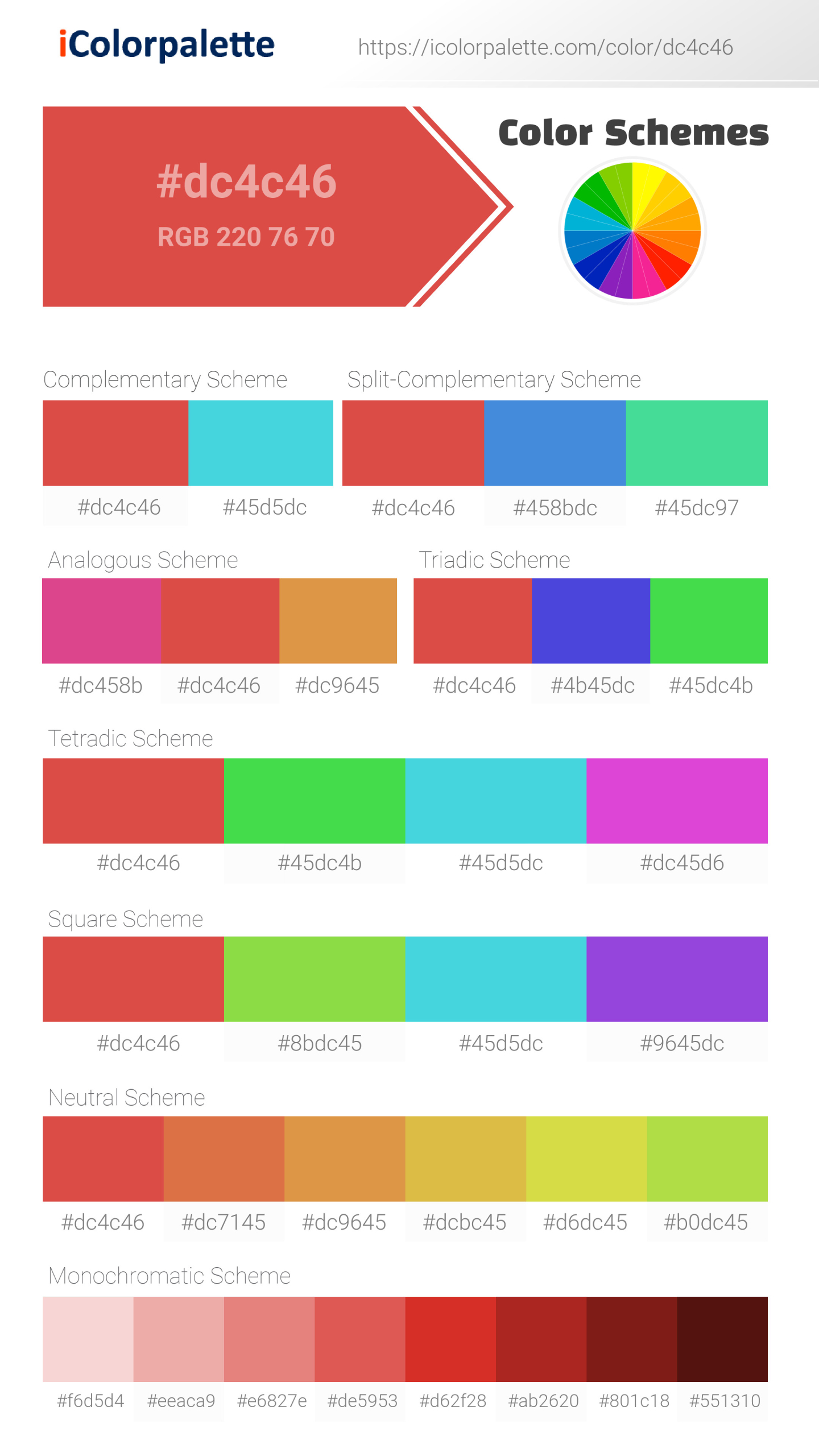 Beautiful color schemes for Pantone 17-1558 Tpg Grenadine Color | Hex color Code #dc4c46. Includes complementary, analogous, and triadic combinations ready for your design projects. #colorpalette #colorscheme #graphicdesign #dc4c46