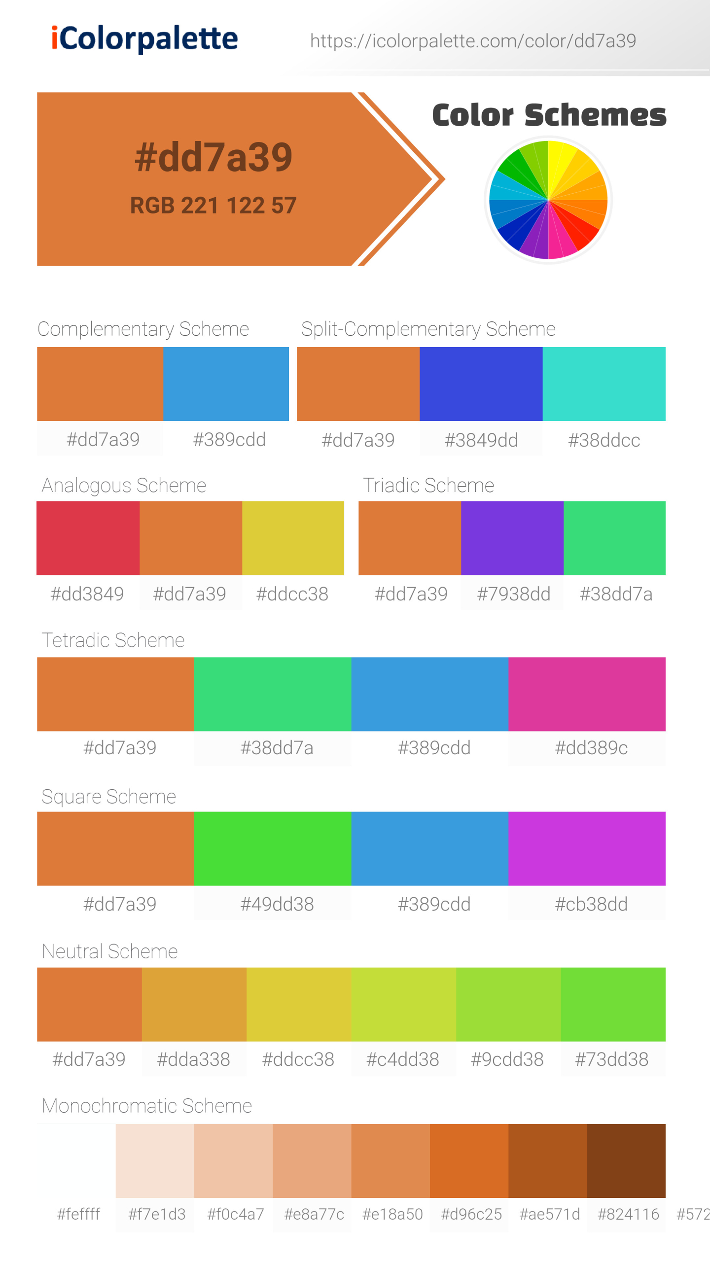Beautiful color schemes for Pantone 16-1253 Tpx Orange Ochre Color | Hex color Code #dd7a39. Includes complementary, analogous, and triadic combinations ready for your design projects. #colorpalette #colorscheme #graphicdesign #dd7a39