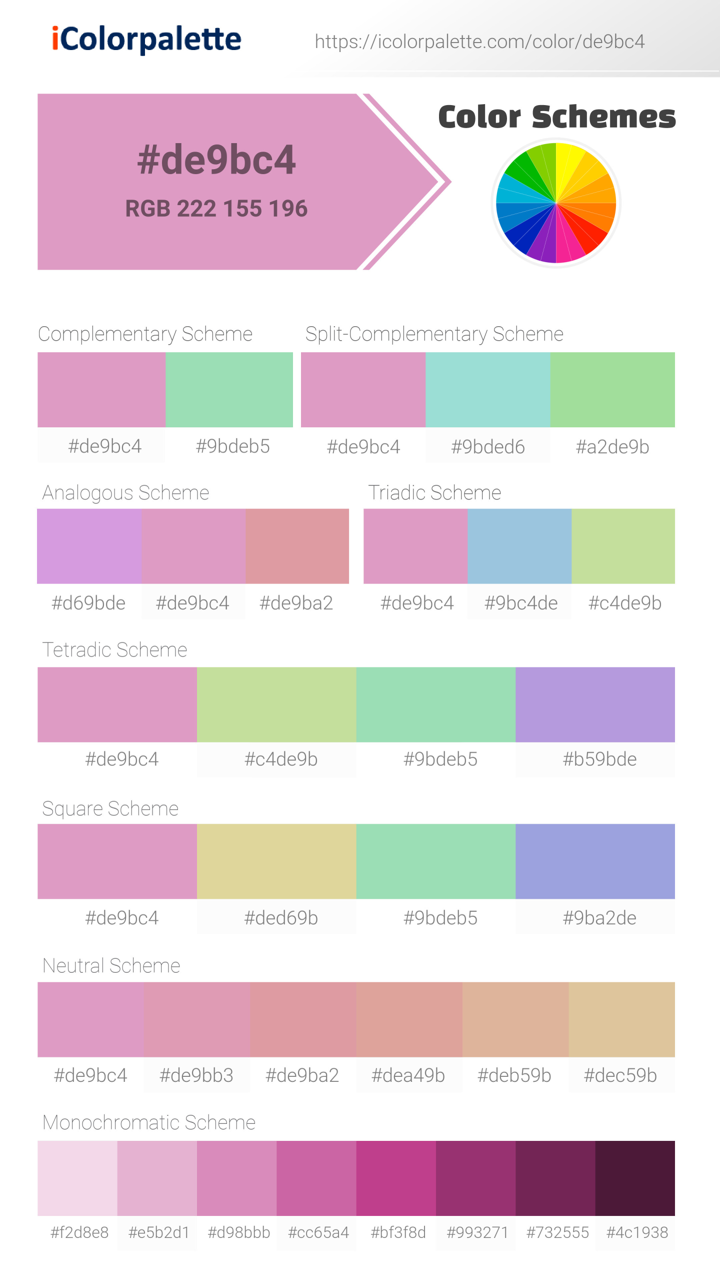 Beautiful color schemes for Pantone 15-2913 Tcx Lilac Chiffon Color | Hex color Code #de9bc4. Includes complementary, analogous, and triadic combinations ready for your design projects. #colorpalette #colorscheme #graphicdesign #de9bc4