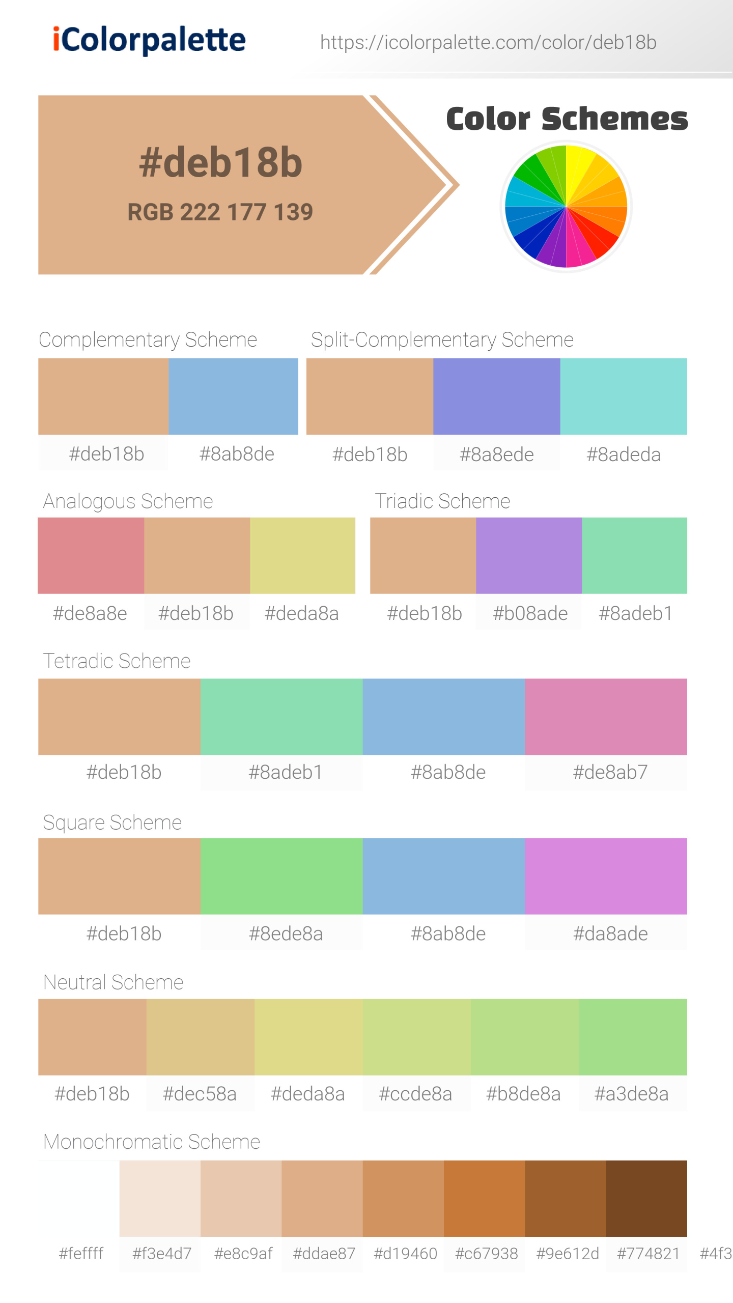 Beautiful color schemes for Pantone P 37-10 C Color | Hex color Code #deb18b. Includes complementary, analogous, and triadic combinations ready for your design projects. #colorpalette #colorscheme #graphicdesign #deb18b