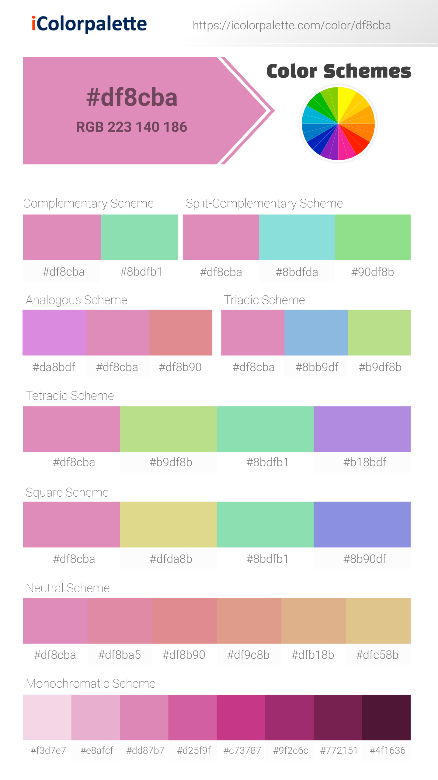 Beautiful color schemes for Pantone 673 U Color | Hex color Code #df8cba. Includes complementary, analogous, and triadic combinations ready for your design projects. #colorpalette #colorscheme #graphicdesign #df8cba