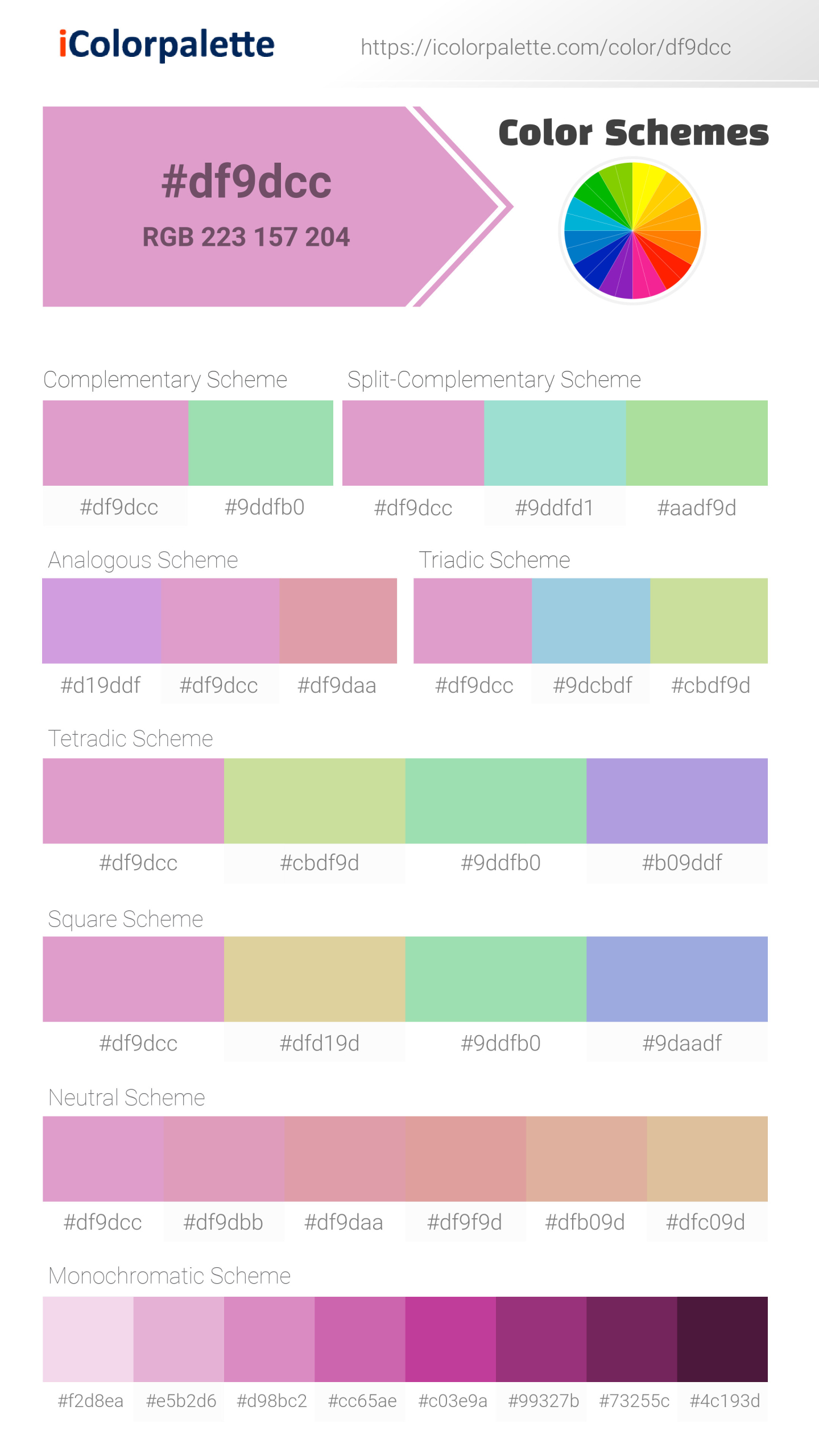 Beautiful color schemes for Pantone 15-2913 Tpx Lilac Chiffon Color | Hex color Code #df9dcc. Includes complementary, analogous, and triadic combinations ready for your design projects. #colorpalette #colorscheme #graphicdesign #df9dcc