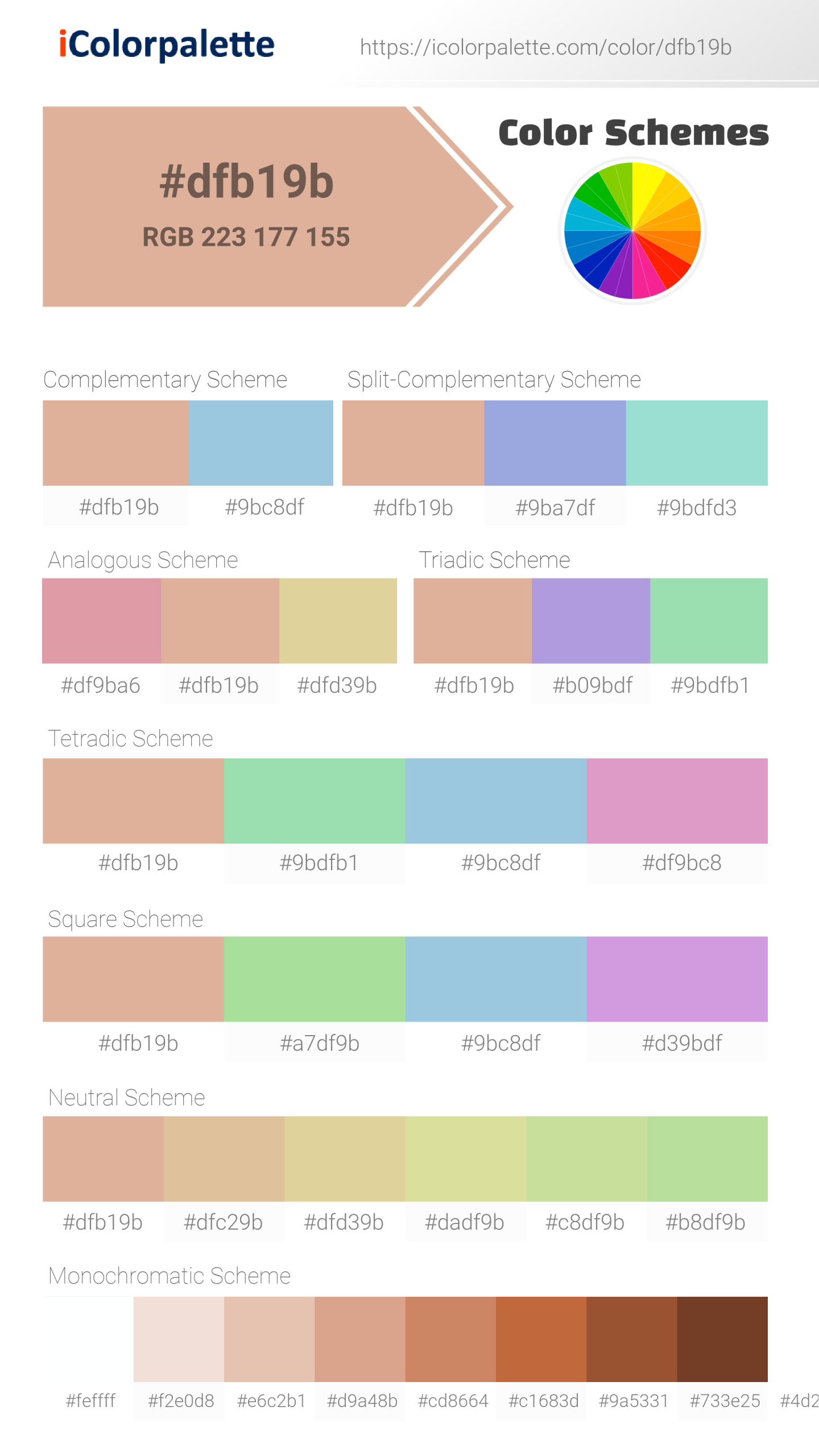 Beautiful color schemes for Pantone 15-1318 Tcx Pink Sand Color | Hex color Code #dfb19b. Includes complementary, analogous, and triadic combinations ready for your design projects. #colorpalette #colorscheme #graphicdesign #dfb19b