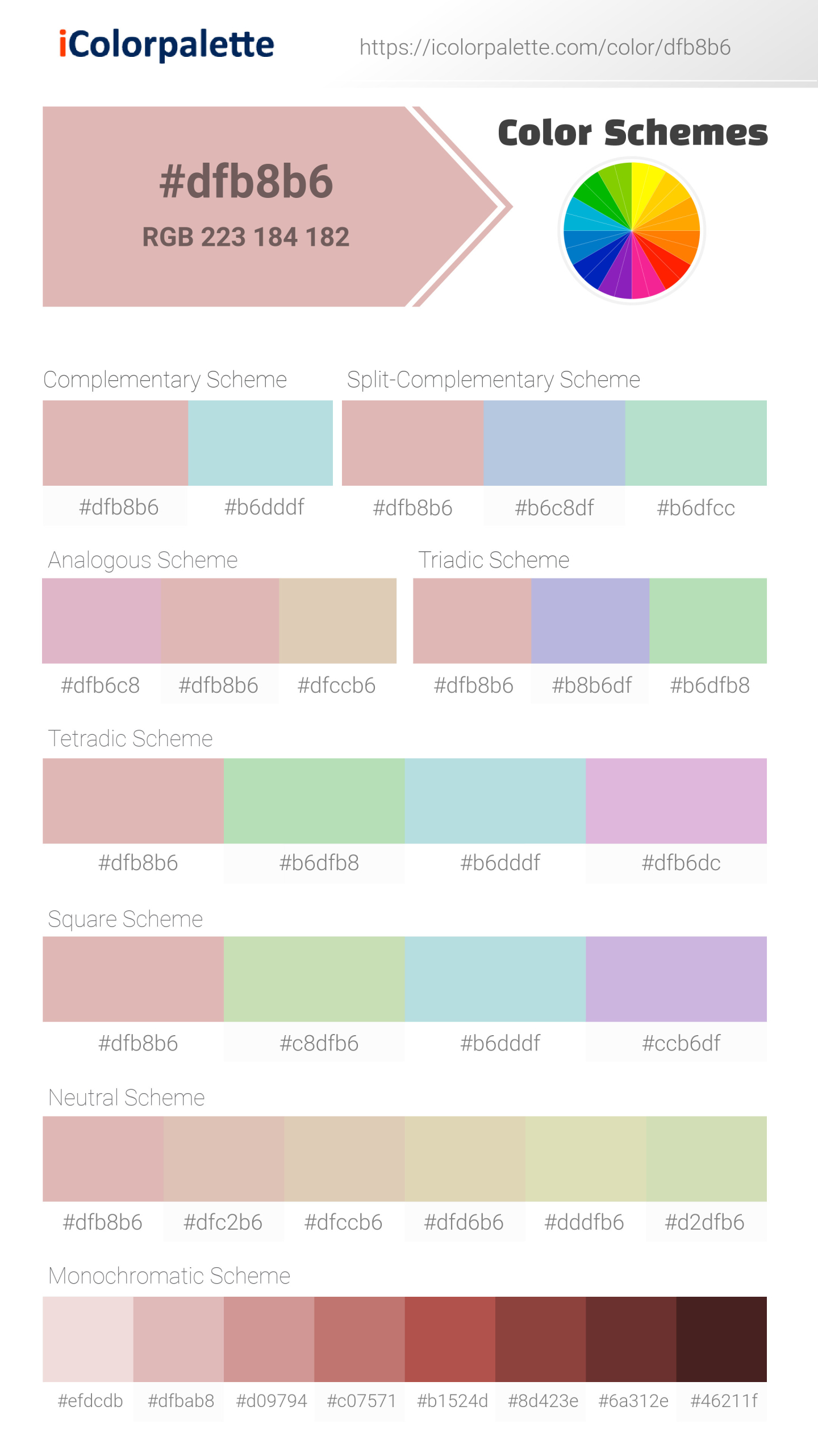 Beautiful color schemes for Pantone 14-1907 Tcx Peachskin Color | Hex color Code #dfb8b6. Includes complementary, analogous, and triadic combinations ready for your design projects. #colorpalette #colorscheme #graphicdesign #dfb8b6