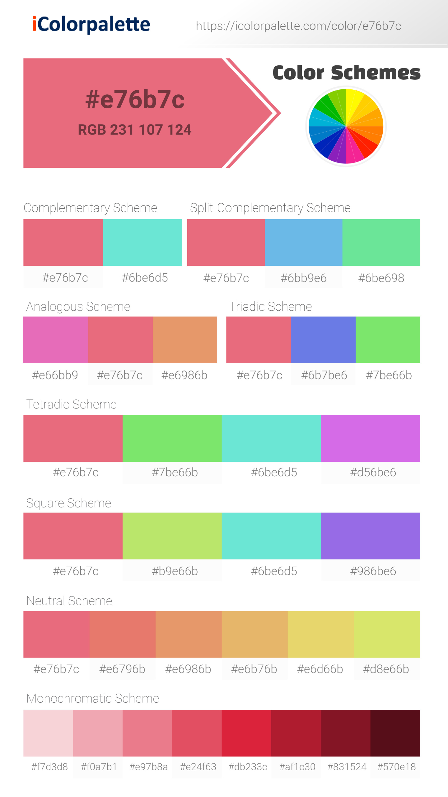 Beautiful color schemes for Pantone 198 U Color | Hex color Code #e76b7c. Includes complementary, analogous, and triadic combinations ready for your design projects. #colorpalette #colorscheme #graphicdesign #e76b7c
