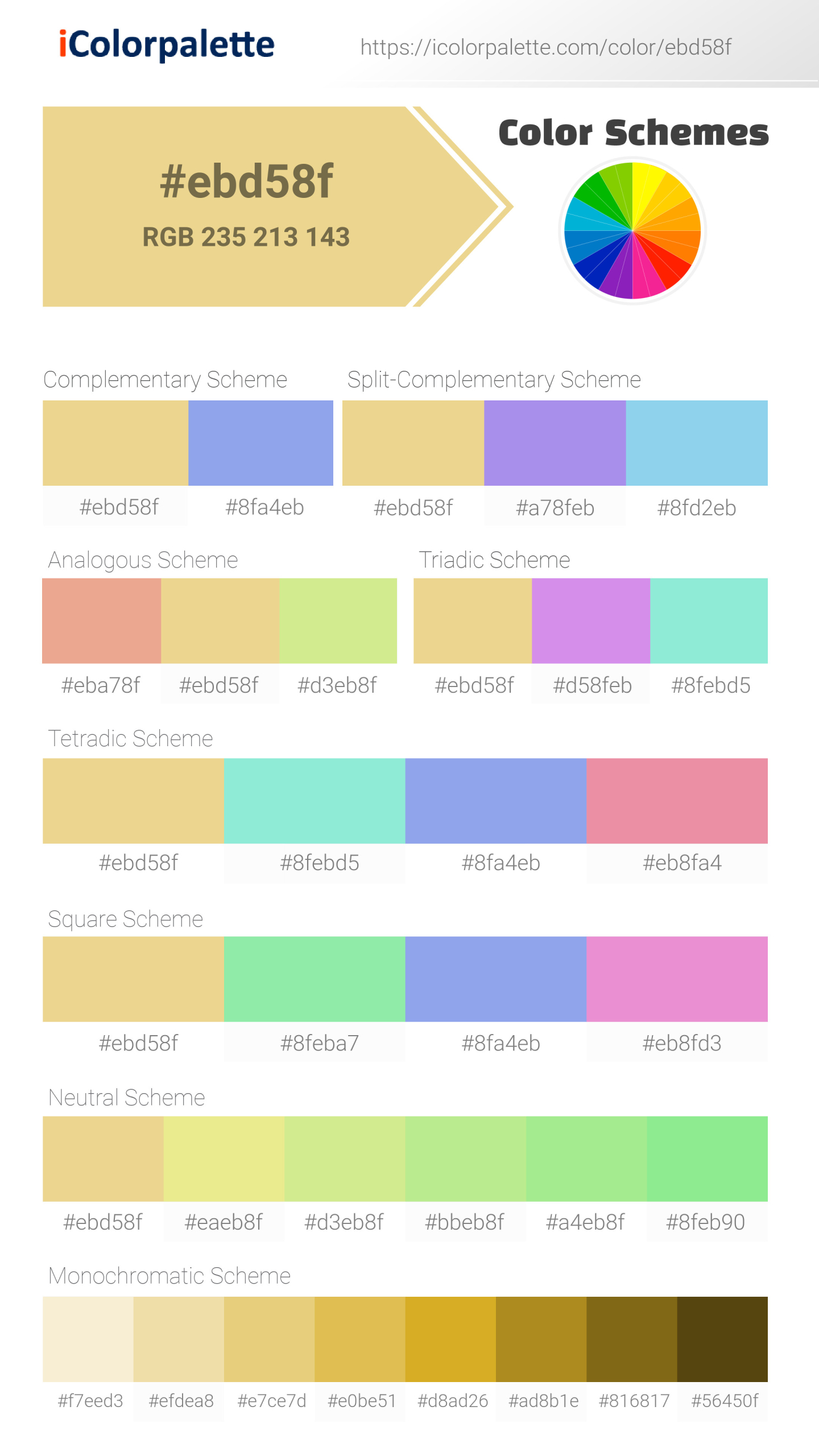 Beautiful color schemes for Pantone 12-0729 Tpx Sundress Color | Hex color Code #ebd58f. Includes complementary, analogous, and triadic combinations ready for your design projects. #colorpalette #colorscheme #graphicdesign #ebd58f