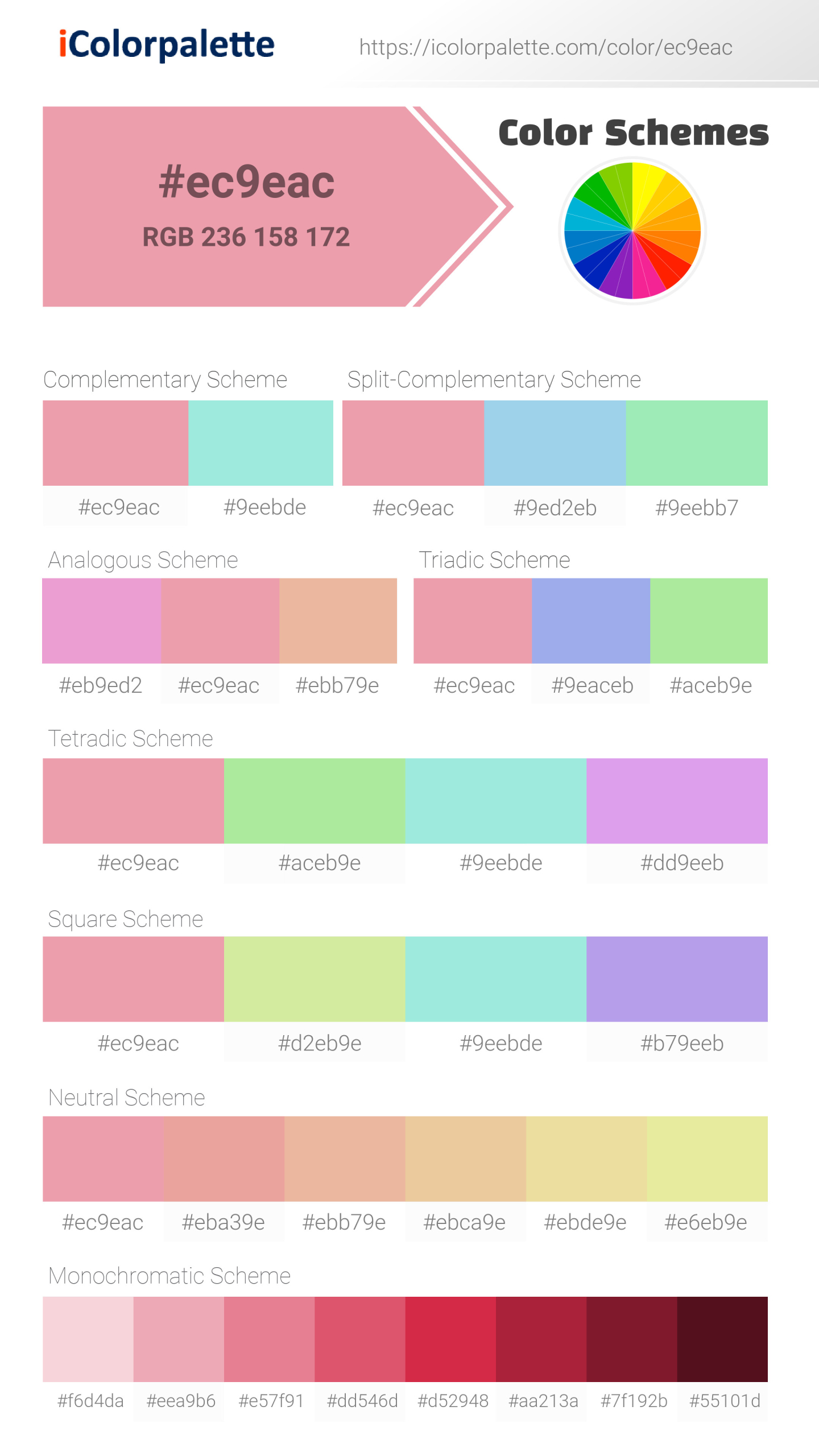 Beautiful color schemes for Pantone 15-1816 Tpg Peony Color | Hex color Code #ec9eac. Includes complementary, analogous, and triadic combinations ready for your design projects. #colorpalette #colorscheme #graphicdesign #ec9eac