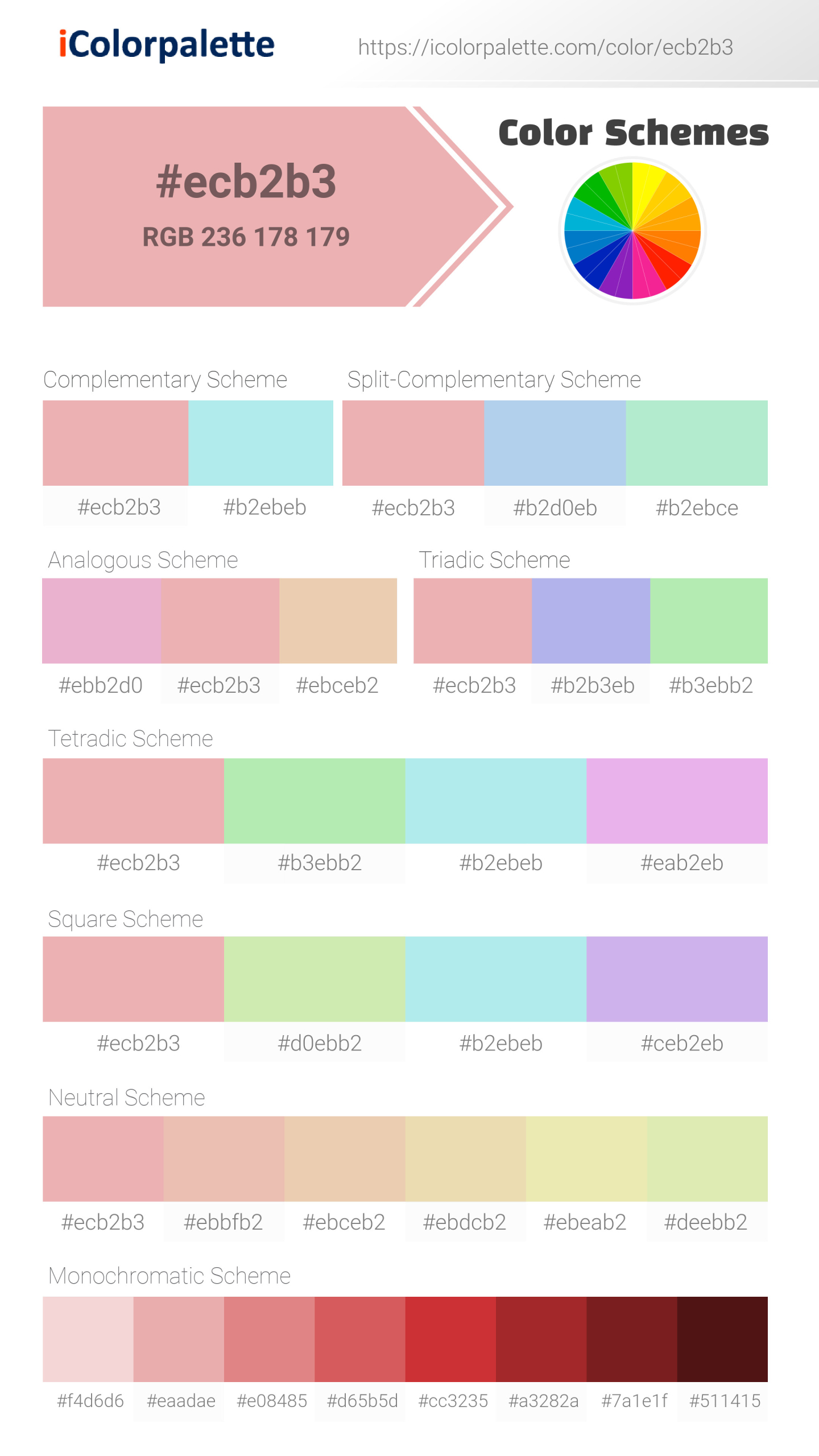 Beautiful color schemes for Pantone 14-1511 Tcx Powder Pink Color | Hex color Code #ecb2b3. Includes complementary, analogous, and triadic combinations ready for your design projects. #colorpalette #colorscheme #graphicdesign #ecb2b3