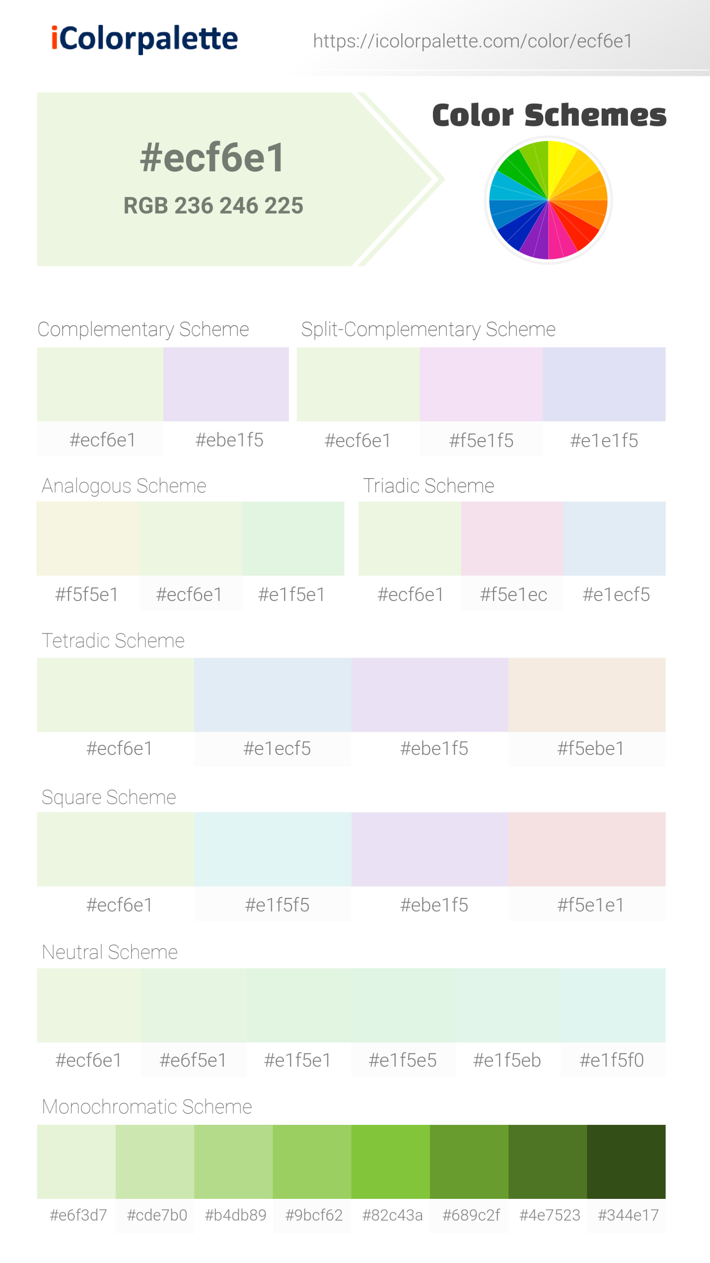 Beautiful color schemes for Pantone 9544 U Color | Hex color Code #ecf6e1. Includes complementary, analogous, and triadic combinations ready for your design projects. #colorpalette #colorscheme #graphicdesign #ecf6e1