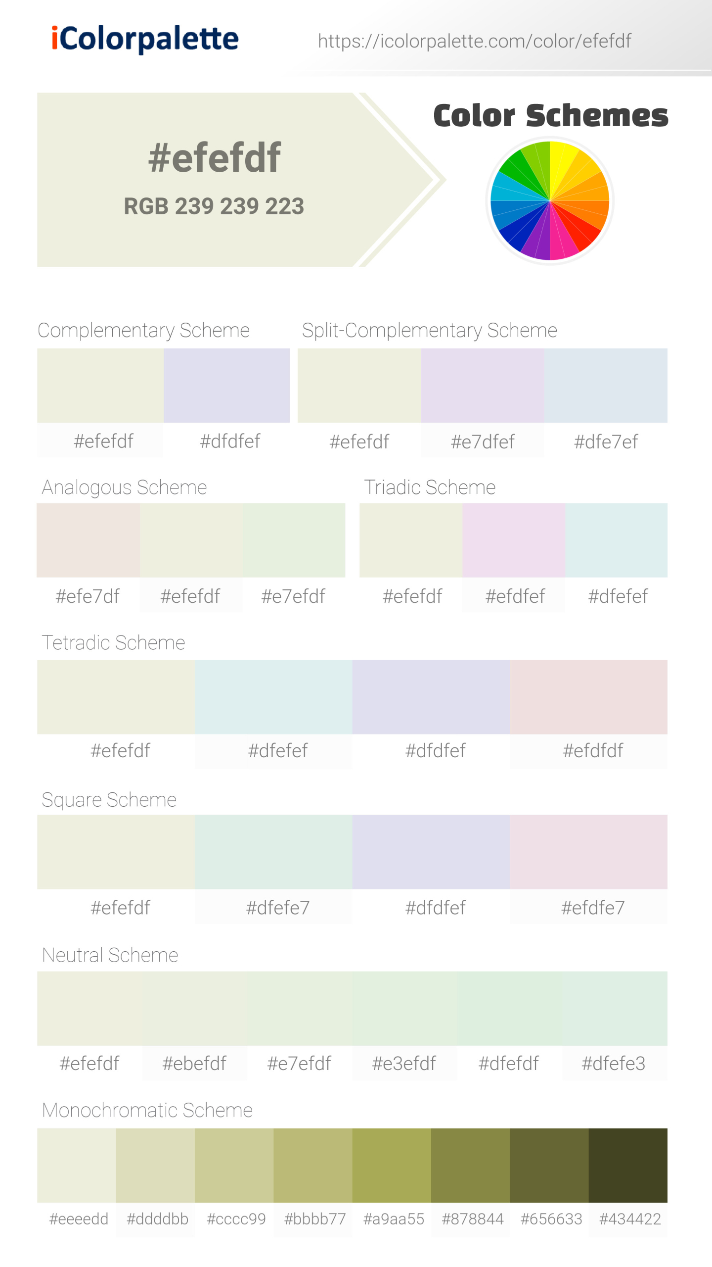 Beautiful color schemes for Pantone 11-0104 Tpx Vanilla Ice Color | Hex color Code #efefdf. Includes complementary, analogous, and triadic combinations ready for your design projects. #colorpalette #colorscheme #graphicdesign #efefdf