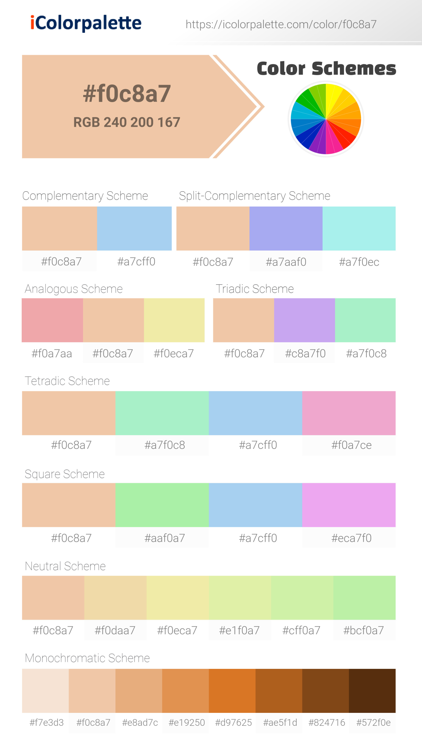 Beautiful color schemes for Pantone P 34-2 C Color | Hex color Code #f0c8a7. Includes complementary, analogous, and triadic combinations ready for your design projects. #colorpalette #colorscheme #graphicdesign #f0c8a7