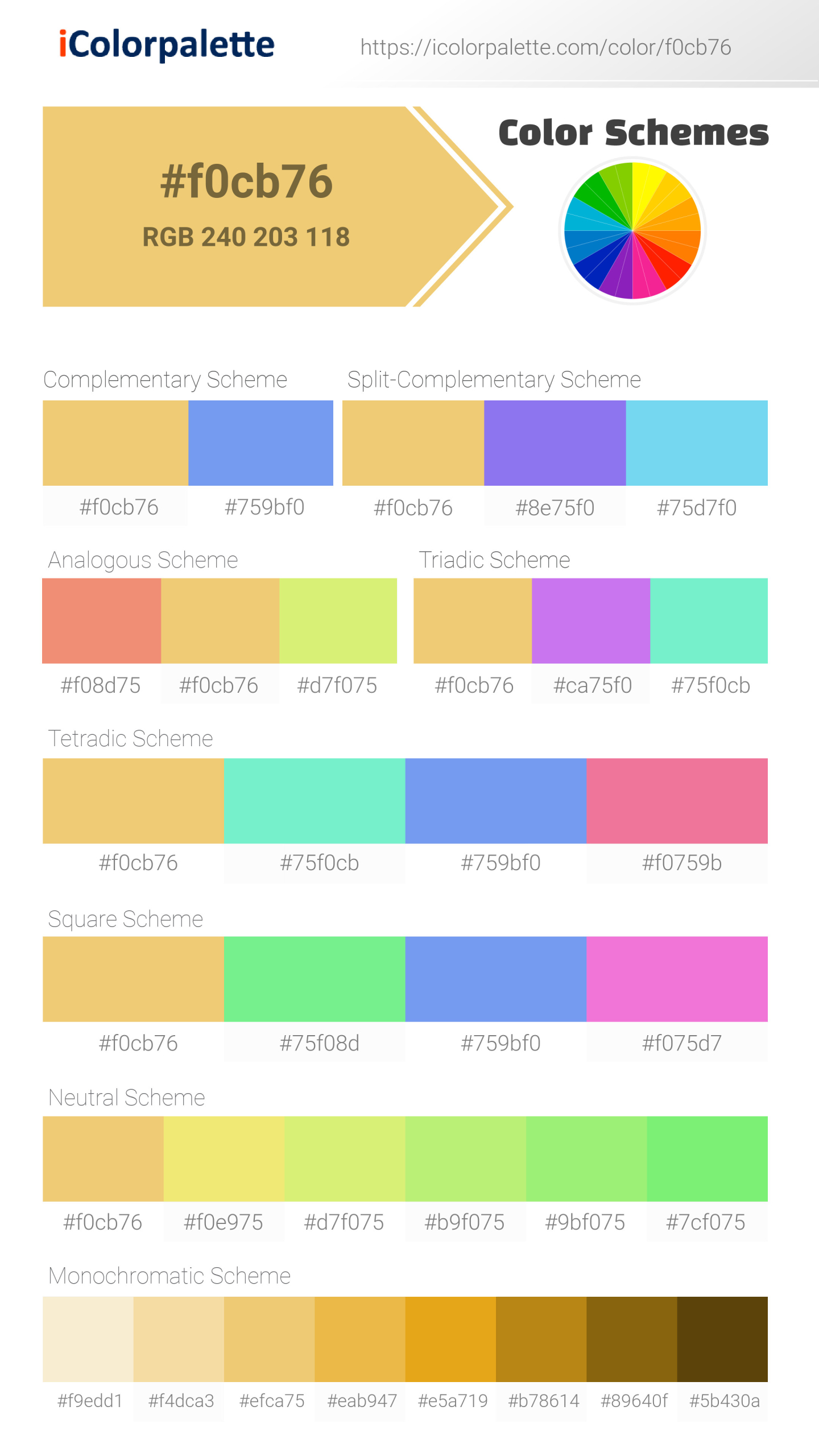 Beautiful color schemes for Pantone 12-0758 Tpg Yarrow Color | Hex color Code #f0cb76. Includes complementary, analogous, and triadic combinations ready for your design projects. #colorpalette #colorscheme #graphicdesign #f0cb76