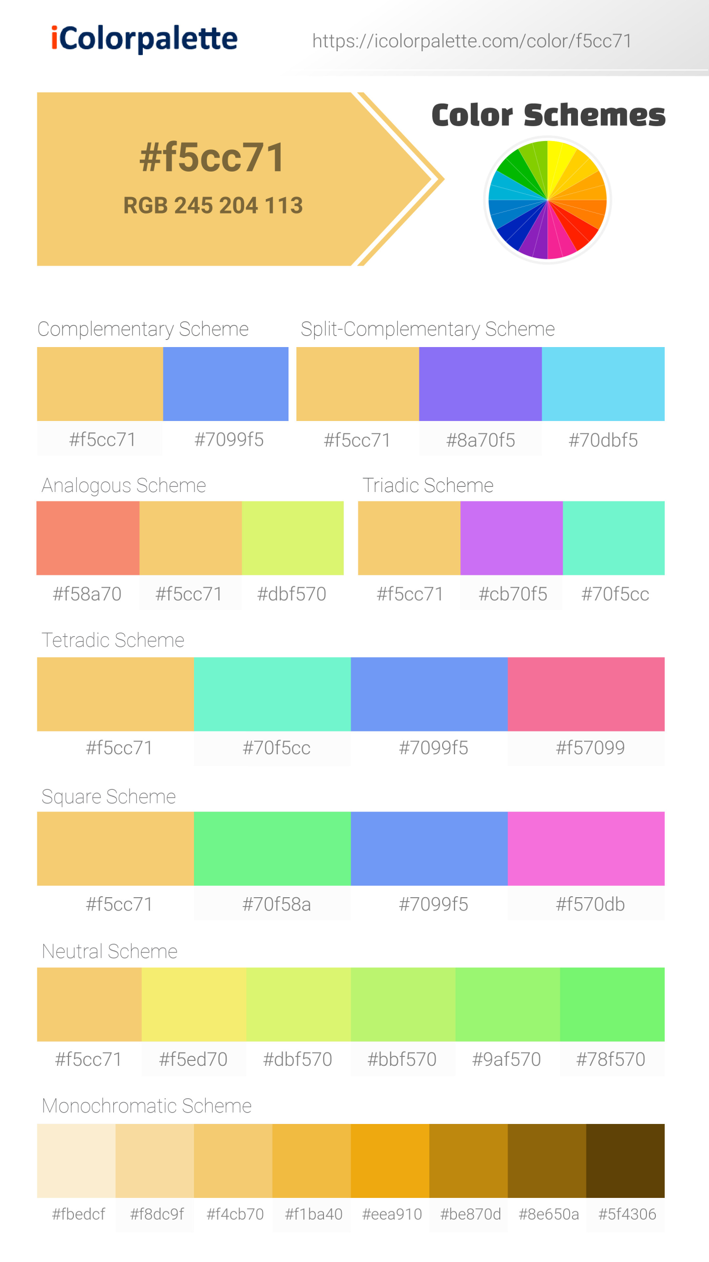 Beautiful color schemes for Pantone 14-0851 Tpg Samoan Sun Color | Hex color Code #f5cc71. Includes complementary, analogous, and triadic combinations ready for your design projects. #colorpalette #colorscheme #graphicdesign #f5cc71