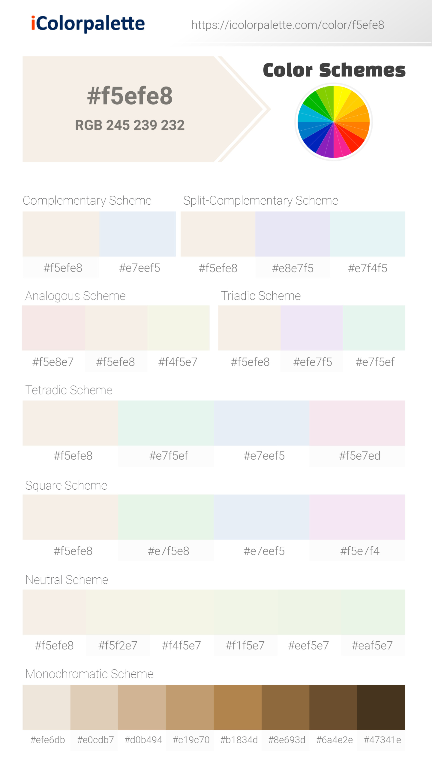 Beautiful color schemes for  Bright Winter Cloud Color | Hex f5efe8. Includes complementary, analogous, and triadic combinations ready for your design projects. #colorpalette #colorscheme #graphicdesign #f5efe8