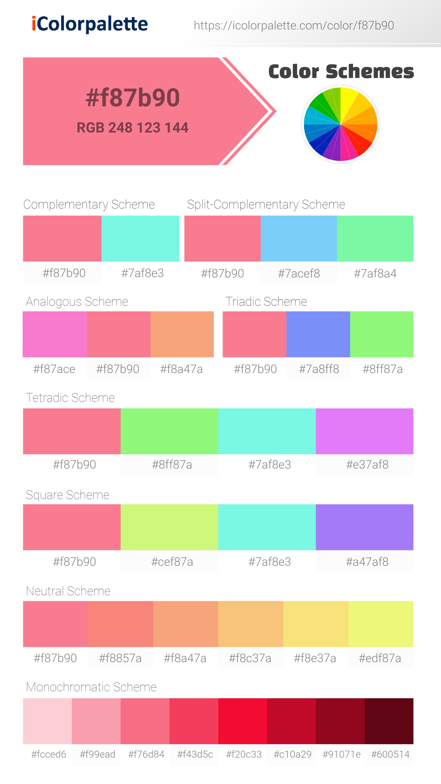 Beautiful color schemes for Pantone 16-1731 Tpx Strawberry Pink Color | Hex color Code #f87b90. Includes complementary, analogous, and triadic combinations ready for your design projects. #colorpalette #colorscheme #graphicdesign #f87b90
