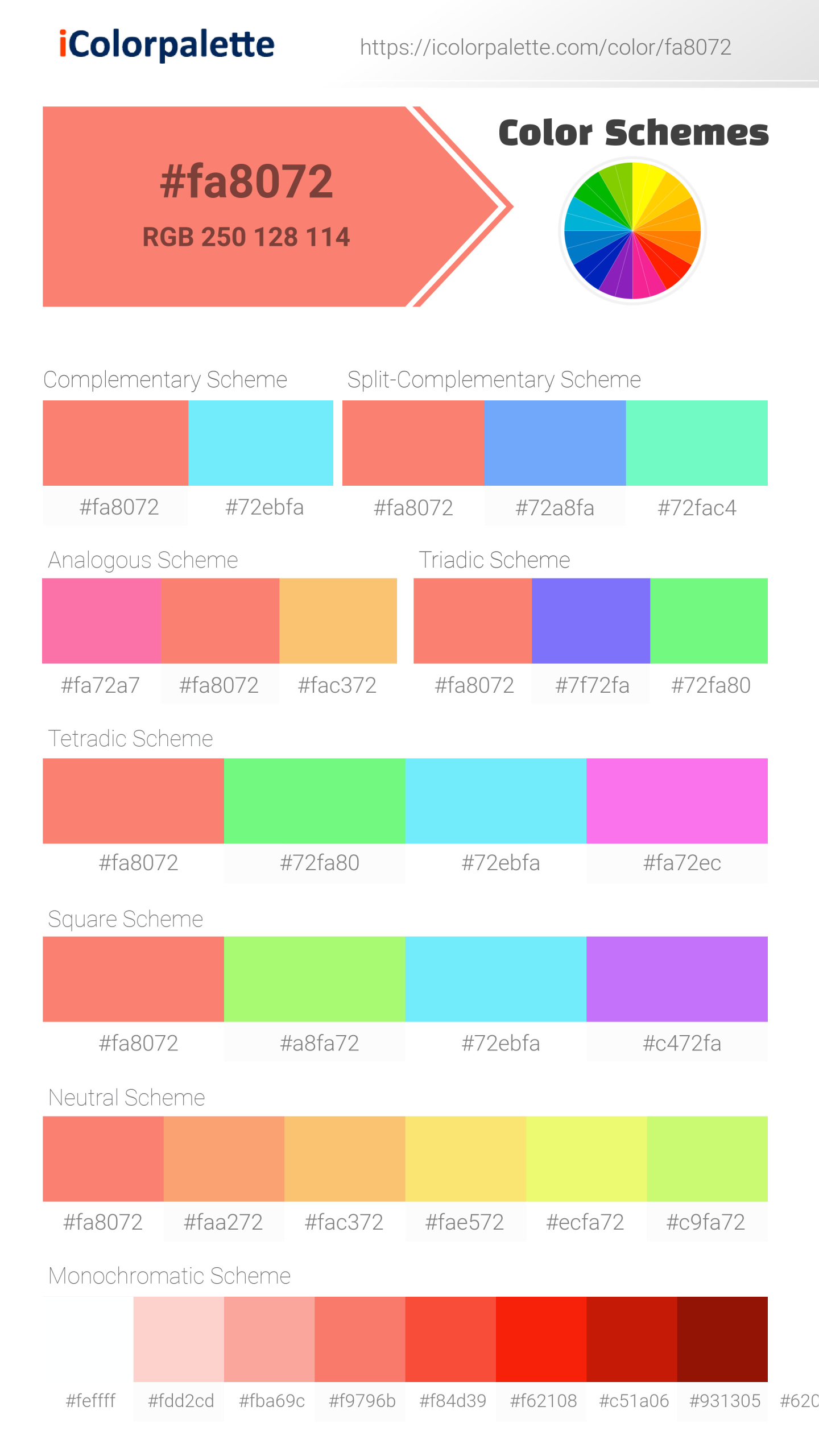Beautiful color schemes for  Salmon Color | Hex fa8072. Includes complementary, analogous, and triadic combinations ready for your design projects. #colorpalette #colorscheme #graphicdesign #fa8072