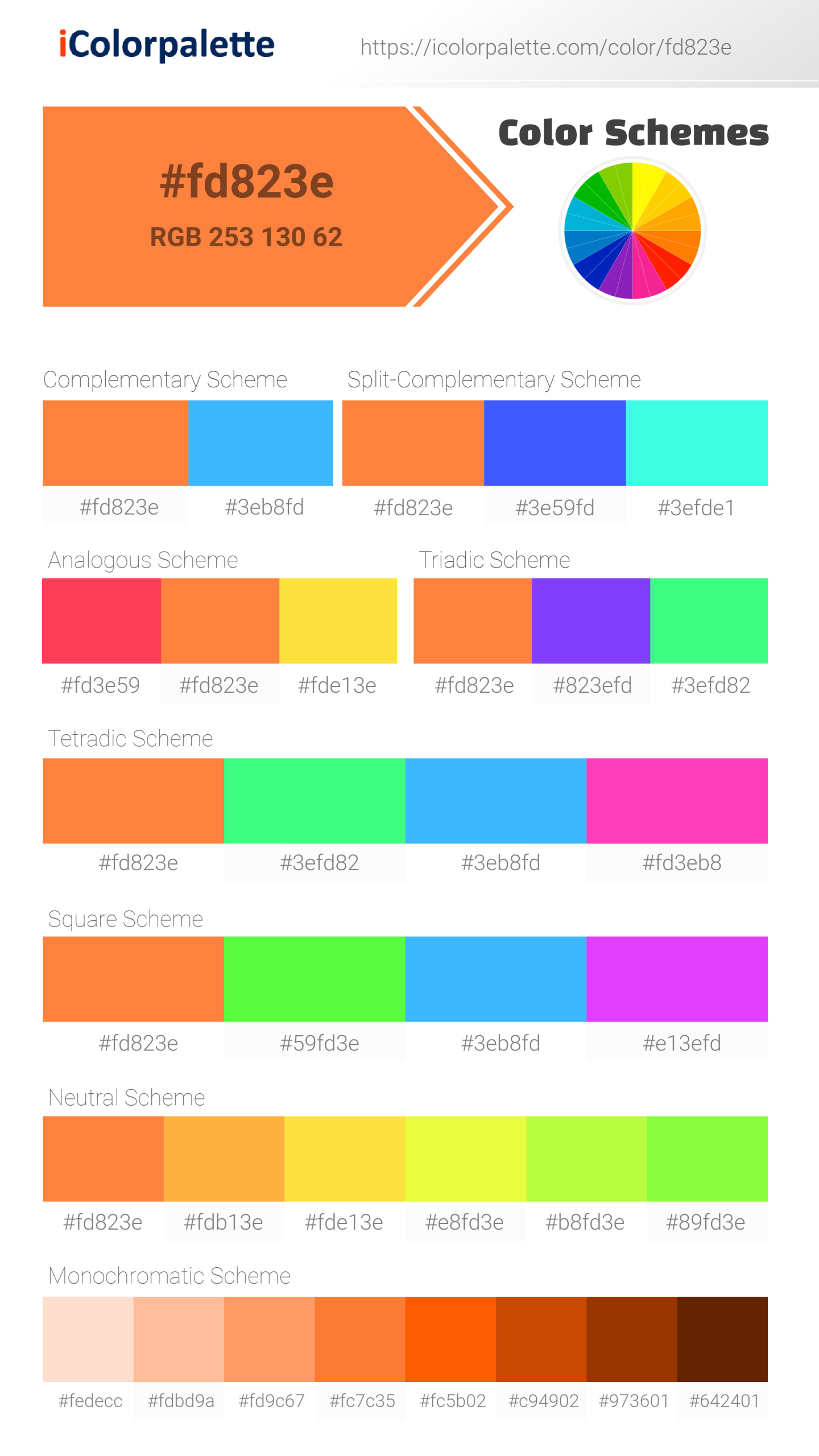 Beautiful color schemes for Pantone 16-1359 Tpg Orange Peel Color | Hex color Code #fd823e. Includes complementary, analogous, and triadic combinations ready for your design projects. #colorpalette #colorscheme #graphicdesign #fd823e