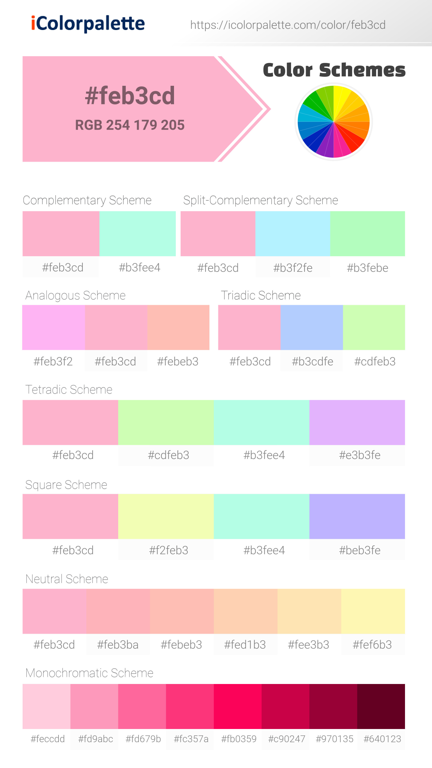 Beautiful color schemes for Pantone 1895 U Color | Hex color Code #feb3cd. Includes complementary, analogous, and triadic combinations ready for your design projects. #colorpalette #colorscheme #graphicdesign #feb3cd