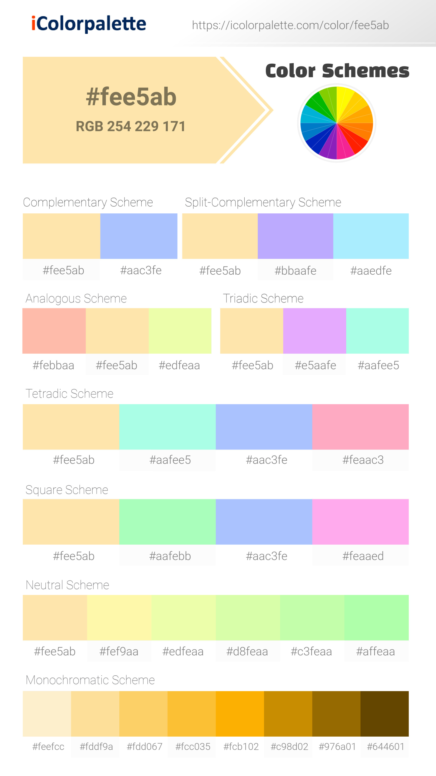 Beautiful color schemes for Pantone P 7-3 U Color | Hex color Code #fee5ab. Includes complementary, analogous, and triadic combinations ready for your design projects. #colorpalette #colorscheme #graphicdesign #fee5ab