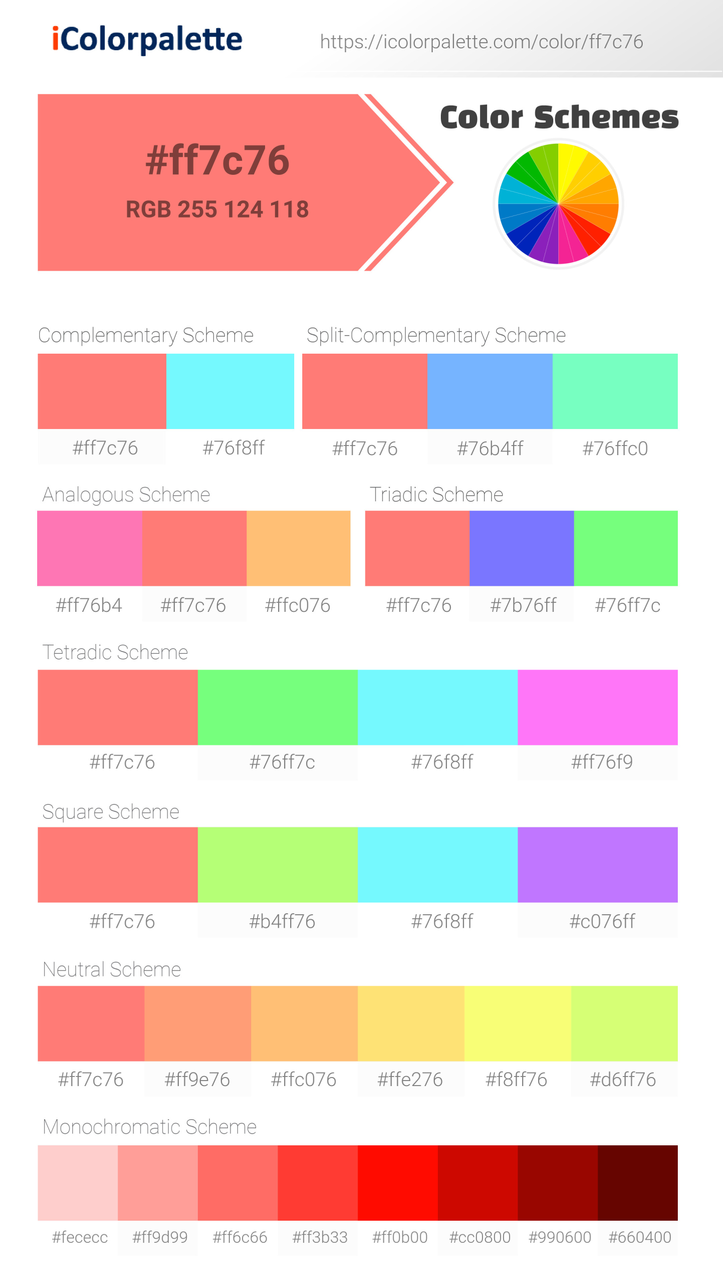 Beautiful color schemes for Pantone 2345 U Color | Hex color Code #ff7c76. Includes complementary, analogous, and triadic combinations ready for your design projects. #colorpalette #colorscheme #graphicdesign #ff7c76