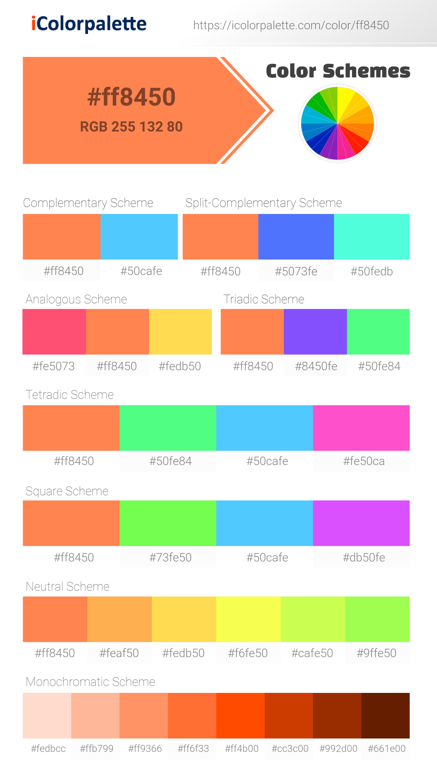 Beautiful color schemes for Pantone 1585 U Color | Hex color Code #ff8450. Includes complementary, analogous, and triadic combinations ready for your design projects. #colorpalette #colorscheme #graphicdesign #ff8450