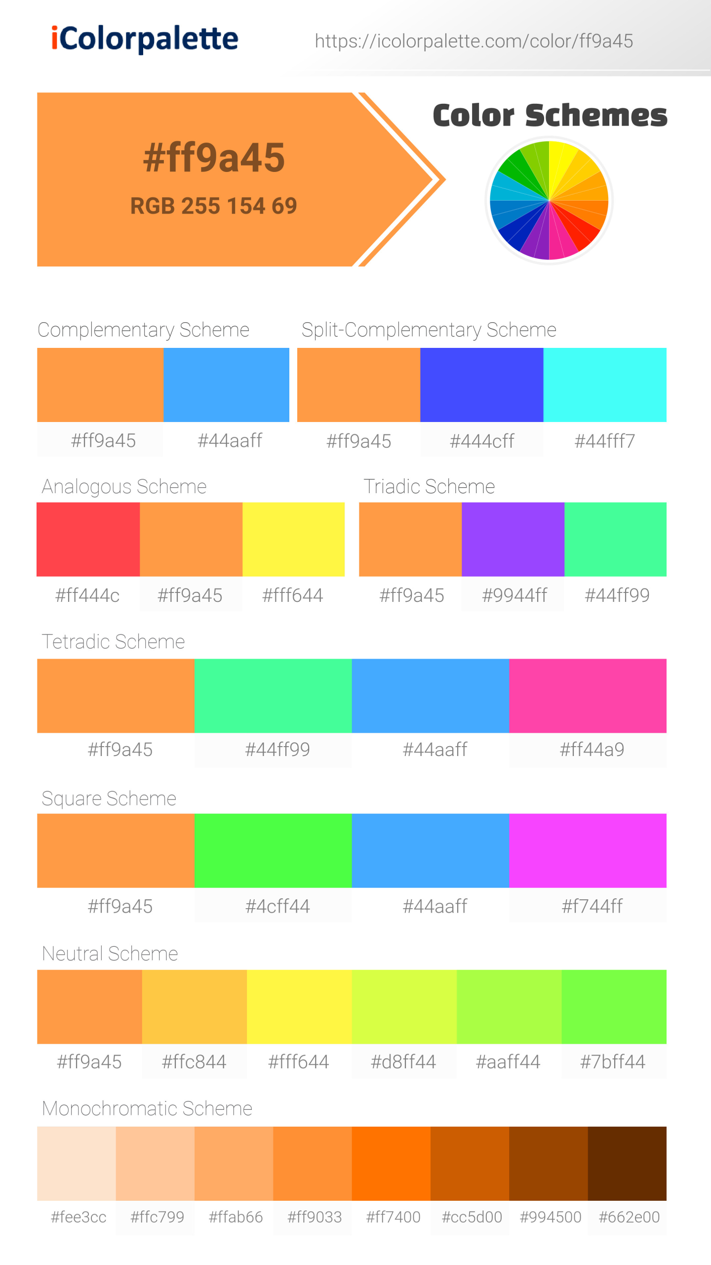 Beautiful color schemes for  Orange Hibiscus Color | Hex ff9a45. Includes complementary, analogous, and triadic combinations ready for your design projects. #colorpalette #colorscheme #graphicdesign #ff9a45