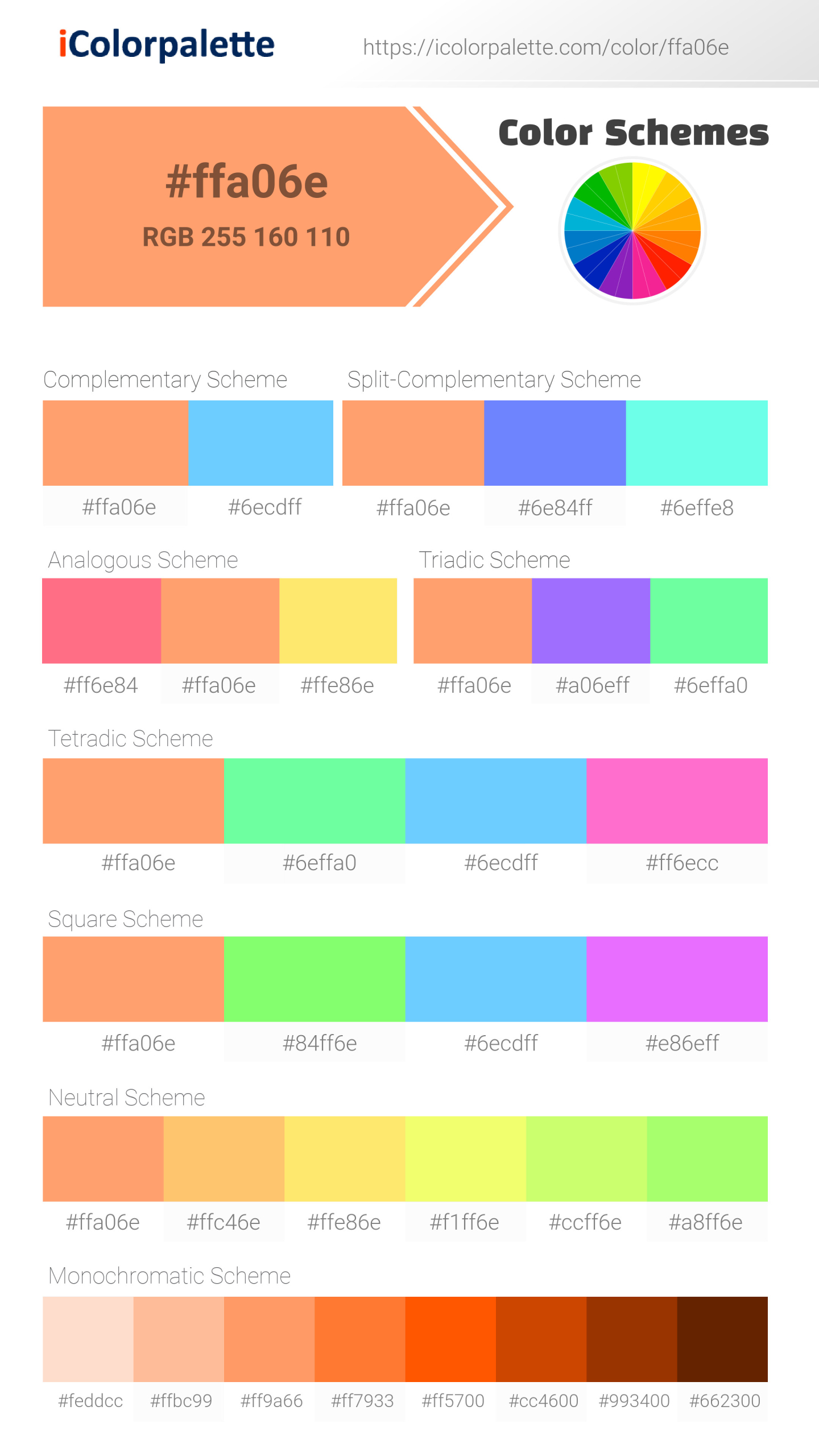 Beautiful color schemes for Pantone 7410 U Color | Hex color Code #ffa06e. Includes complementary, analogous, and triadic combinations ready for your design projects. #colorpalette #colorscheme #graphicdesign #ffa06e