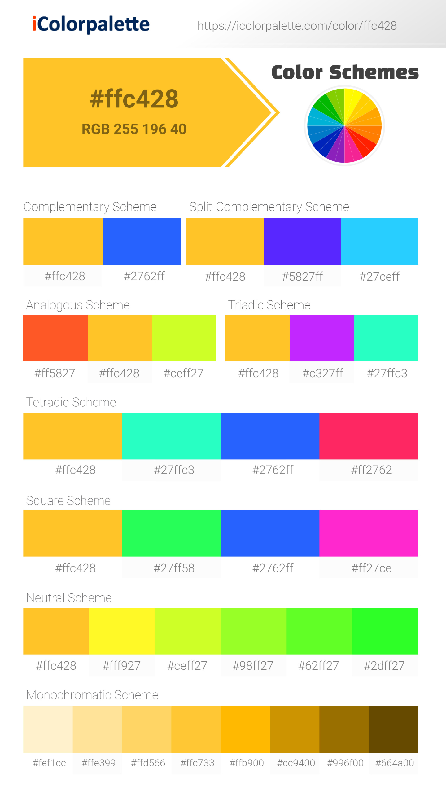 Beautiful color schemes for Pantone 14-0957 Tpg Spectra Yellow Color | Hex color Code #ffc428. Includes complementary, analogous, and triadic combinations ready for your design projects. #colorpalette #colorscheme #graphicdesign #ffc428
